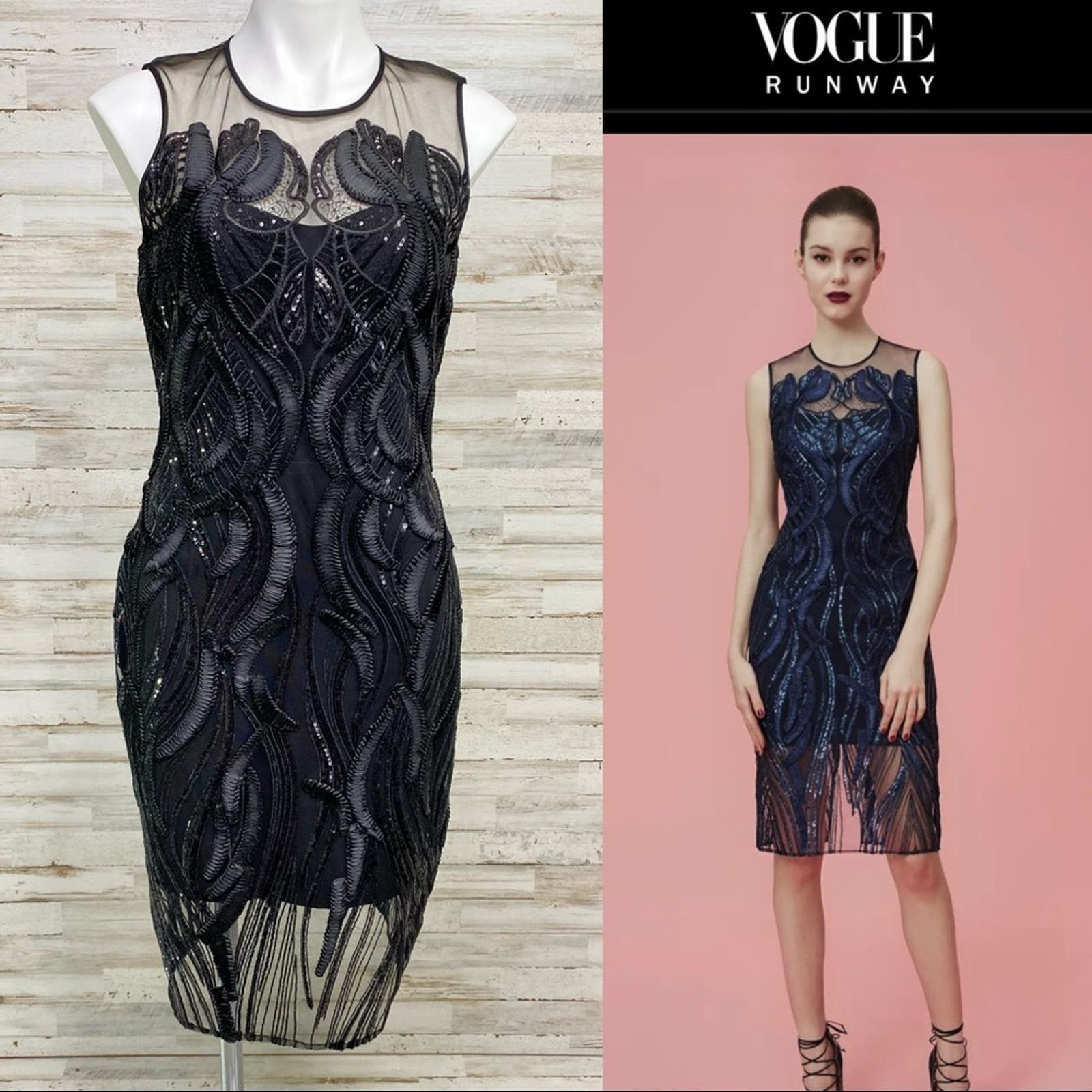 image of Marchesa Notte Runway Collection Sequin Mesh Dress Size 4 in Black, Women's