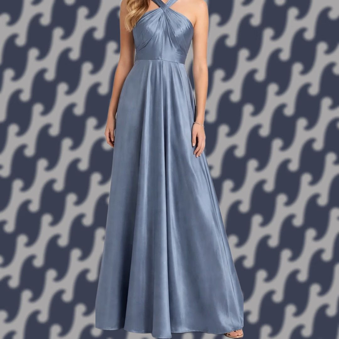 Vintage Azazie Satin Halter Bridesmaid Dress A12 Slate Blue Open Back Formal Prom Gown Size ONE SIZE - 1 Thumbnail