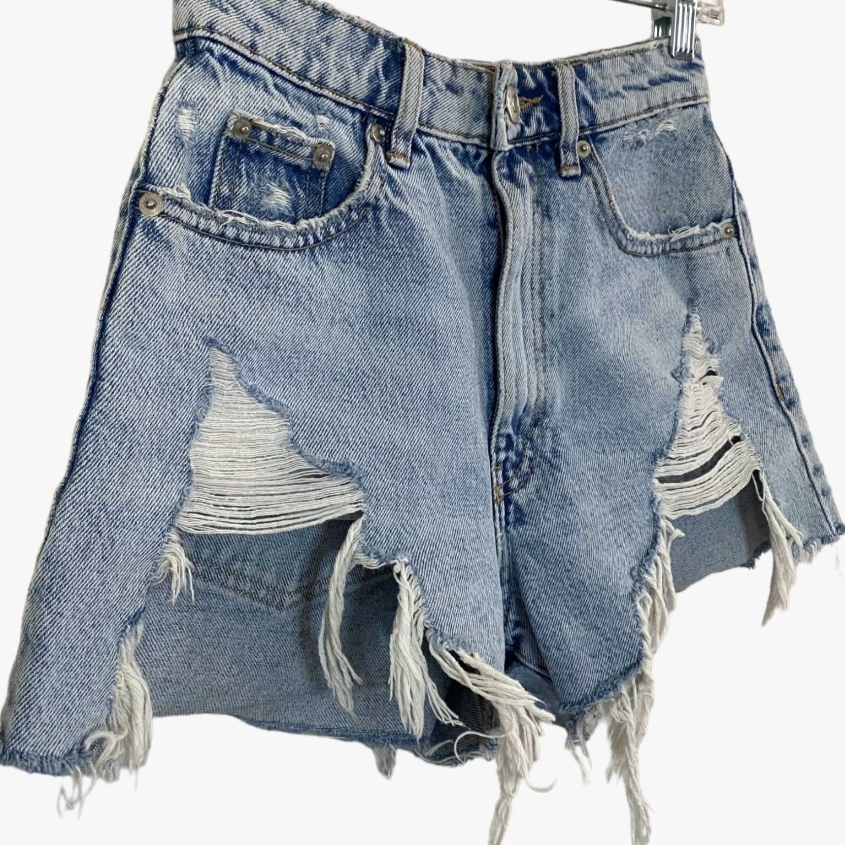 Zara Zara High-Waisted Distressed Jean Shorts Women's 00 Blue Cut Off Raw-Hem Womens Size 26" / US 2 / IT 38 - 2 Thumbnail