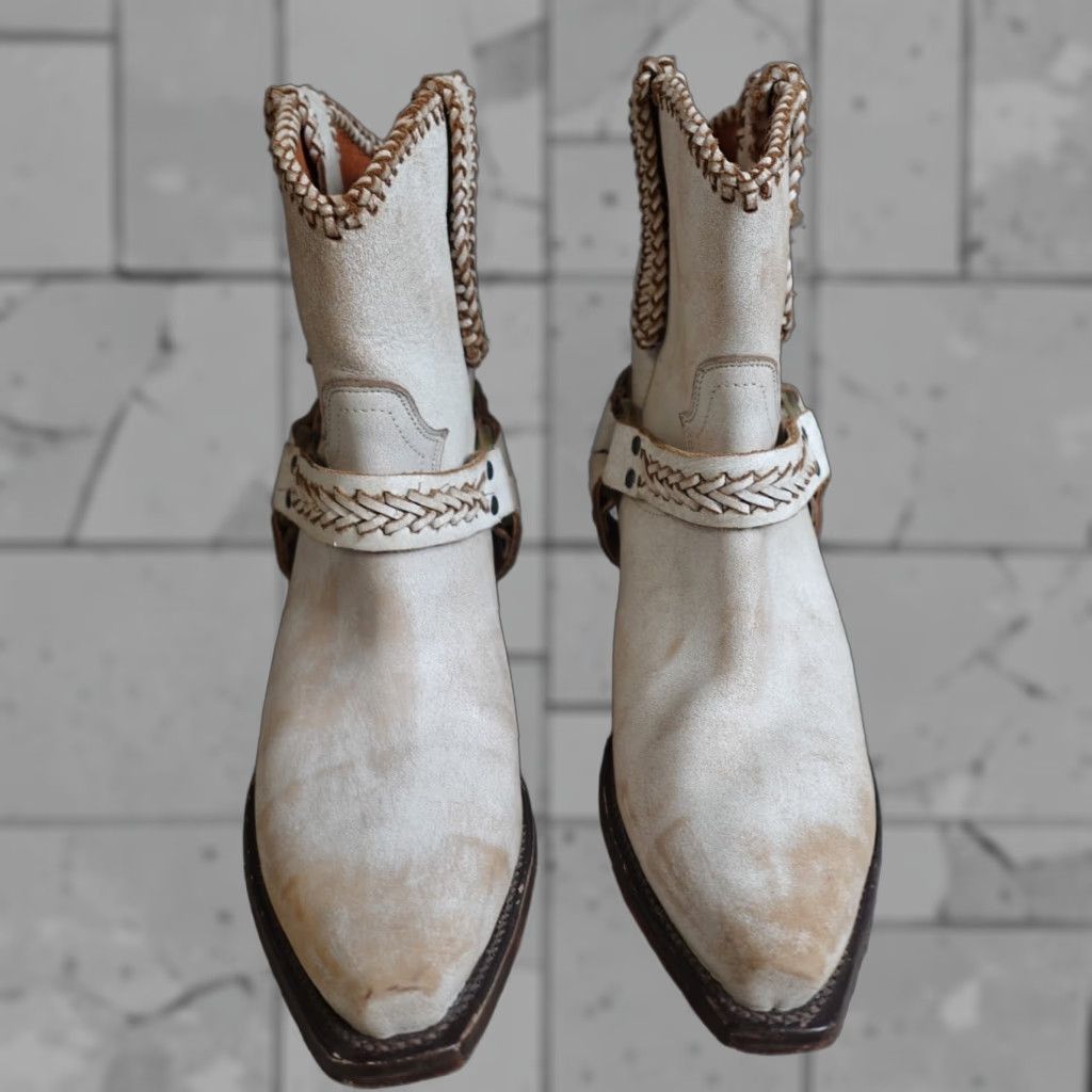 Vintage Cleo + Wolf Boots Womens Leather Harness White Snip Toe 8.5B Block Heel Western Cowgirl Cowboy Ankle Boot Size US 9 / IT 39 - 1 Thumbnail