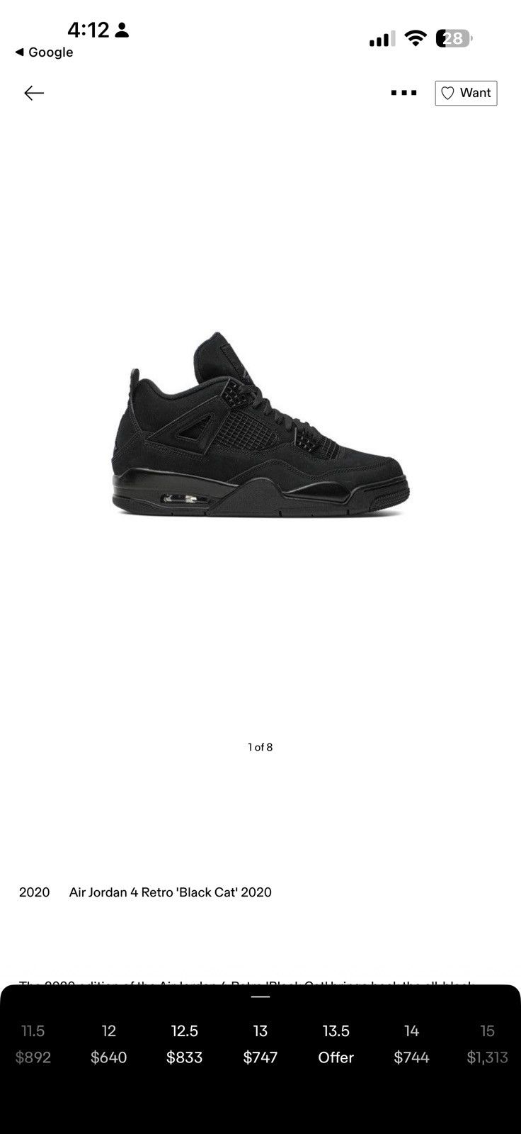 Jordan Brand Air Jordan 4 Retro “Black Cat” 2020 Size US 13 / EU 46 - 7 Thumbnail
