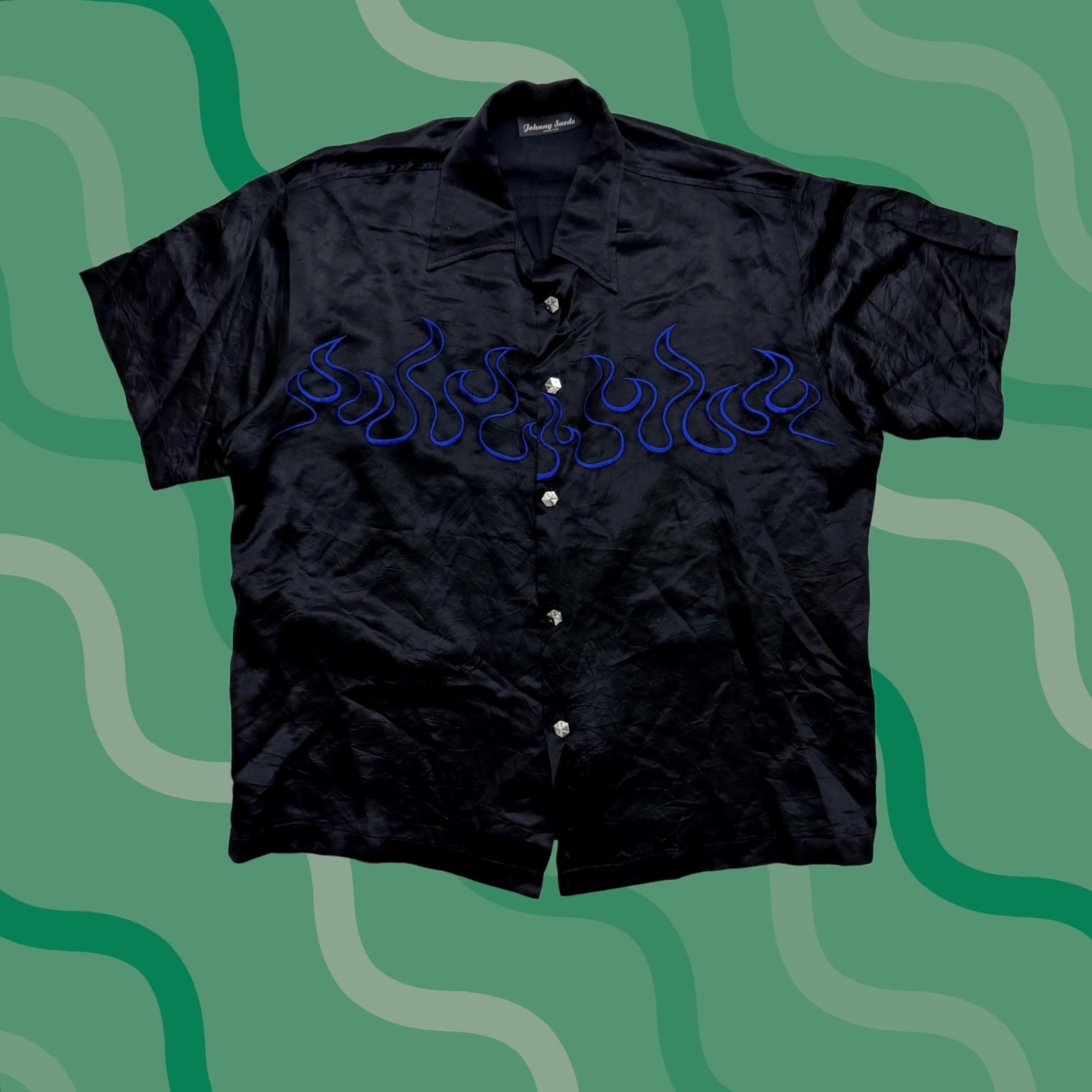 Vintage Johnny Suede Shirt Mens 2XL Black Satin Flame Embroidered Rock USA Button Up Size US XXL / EU 58 / 5 - 1 Thumbnail