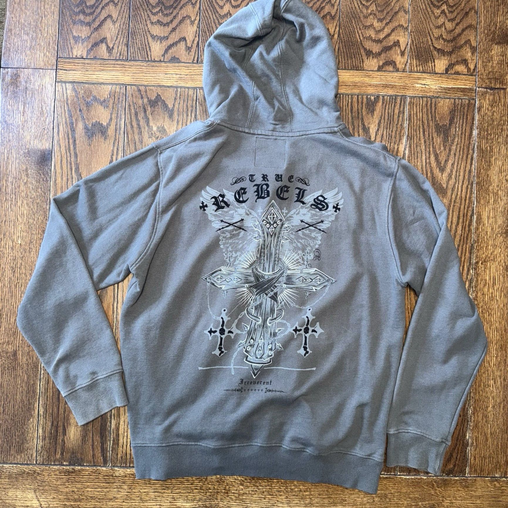 Vintage Irreverent Hoodie Mens Large Gray Gothic Cross Grunge Full Zip Y2K Size US L / EU 52-54 / 3 - 2 Thumbnail