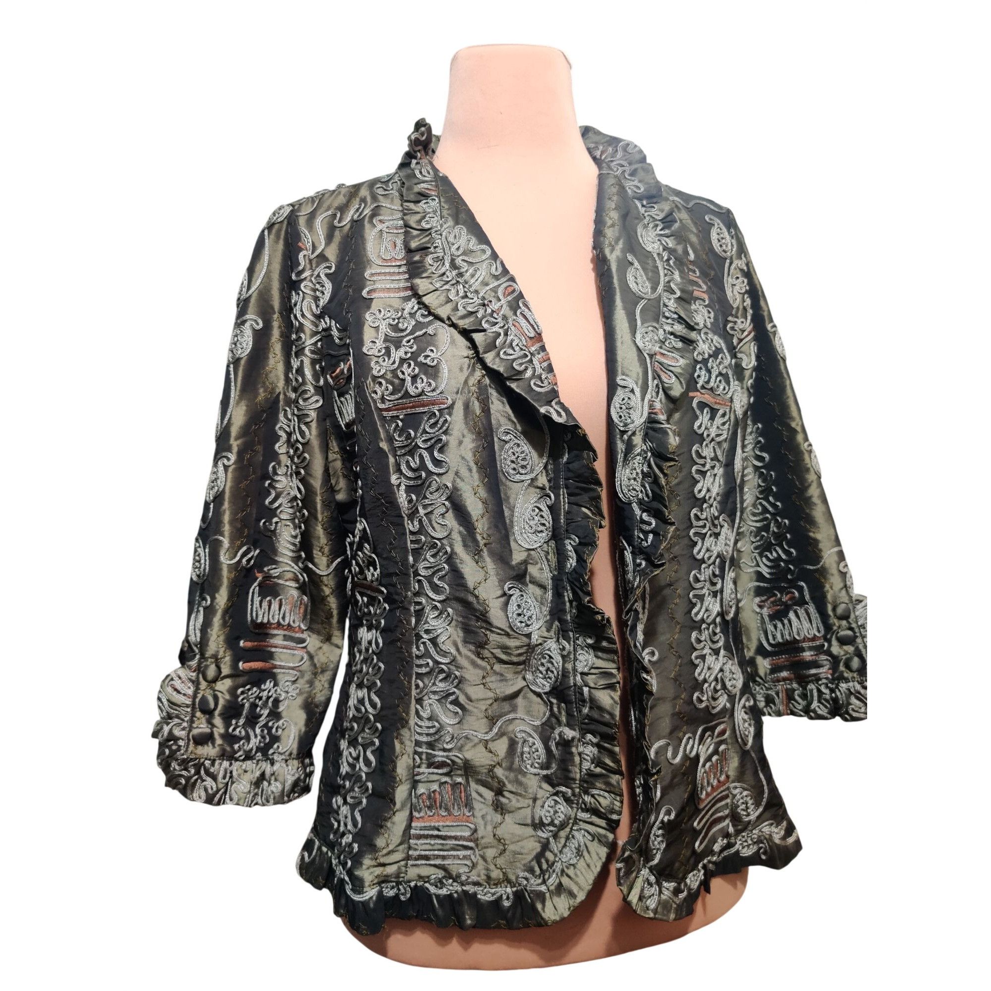 Agora Vintage Agora L Olive Embroidered Ruffle Open Front Statemen Size L / US 10 / IT 46 - 2 Thumbnail