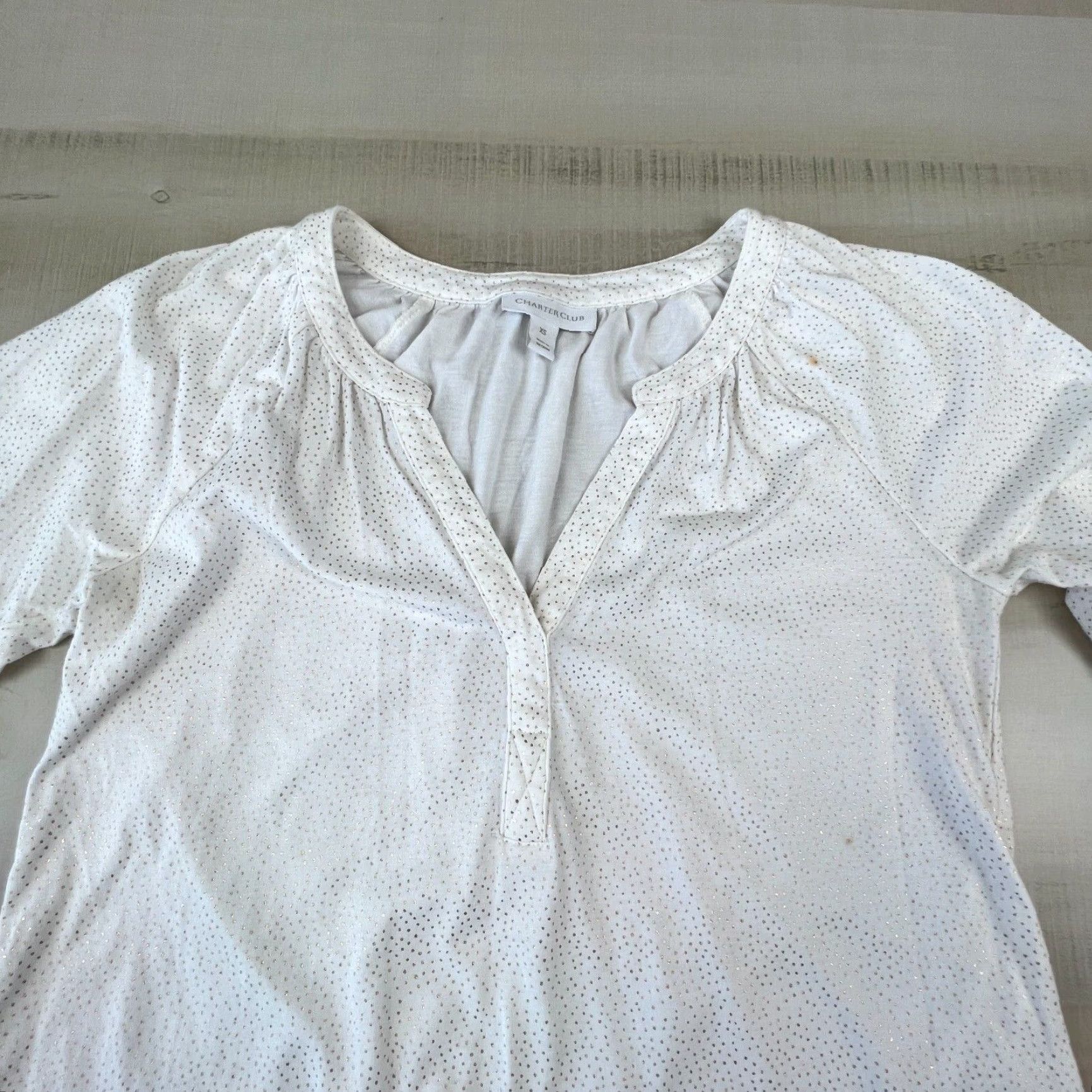 Charter Club Charter Club Womens Top XS White Gold Polka Dots Long Sleeve Shirt Size XS / US 0-2 / IT 36-38 - 2 Thumbnail