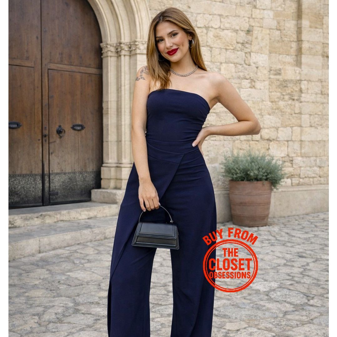 Zara ZARA Navy Strapless Wide Leg Jumpsuit Elegant Palazzo NWT Size 32" / US 10 / IT 46 - 2 Thumbnail