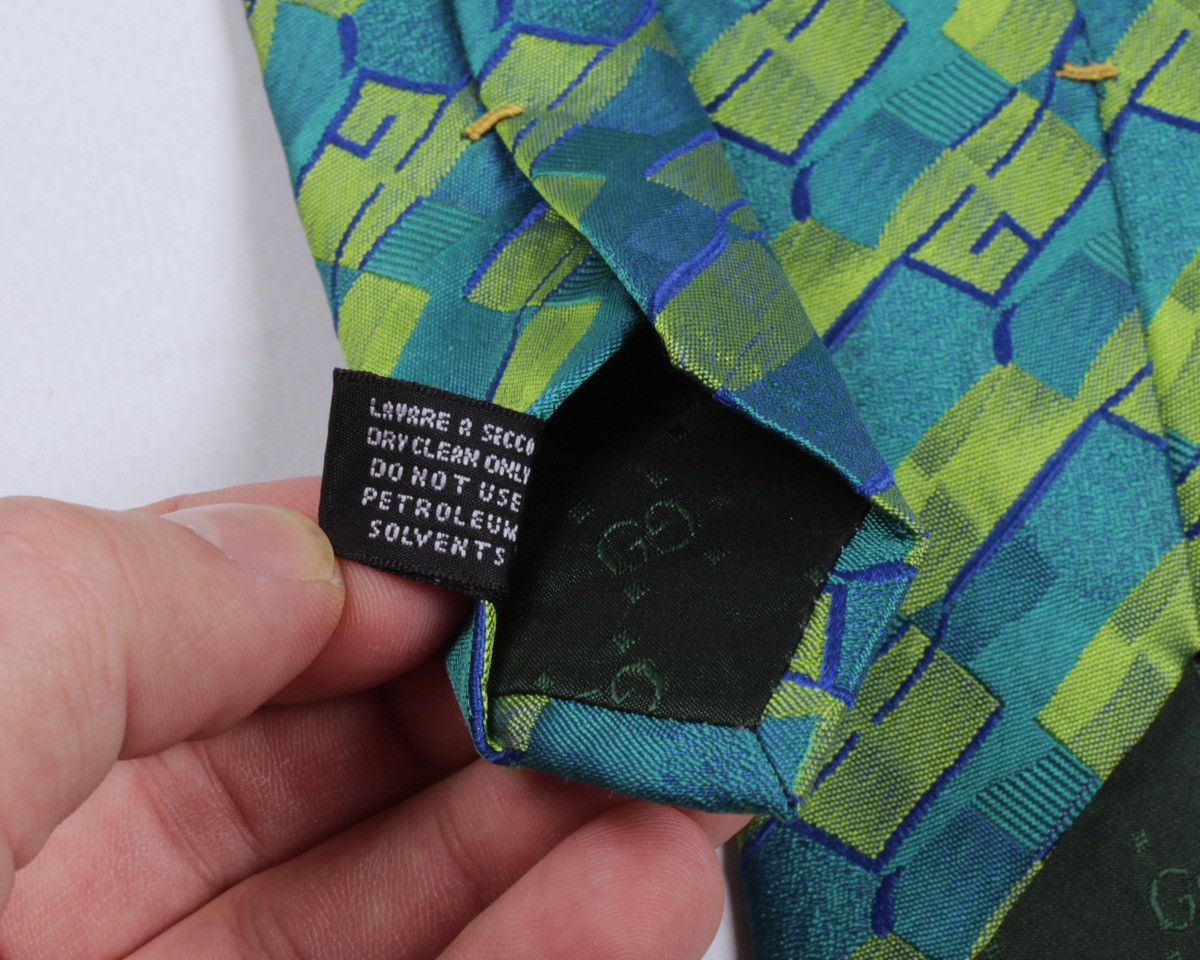Designer × Gucci × Vintage GUCCI Vintage Geometric Monogram Logo GG Green Silk Tie Size ONE SIZE - 11 Thumbnail