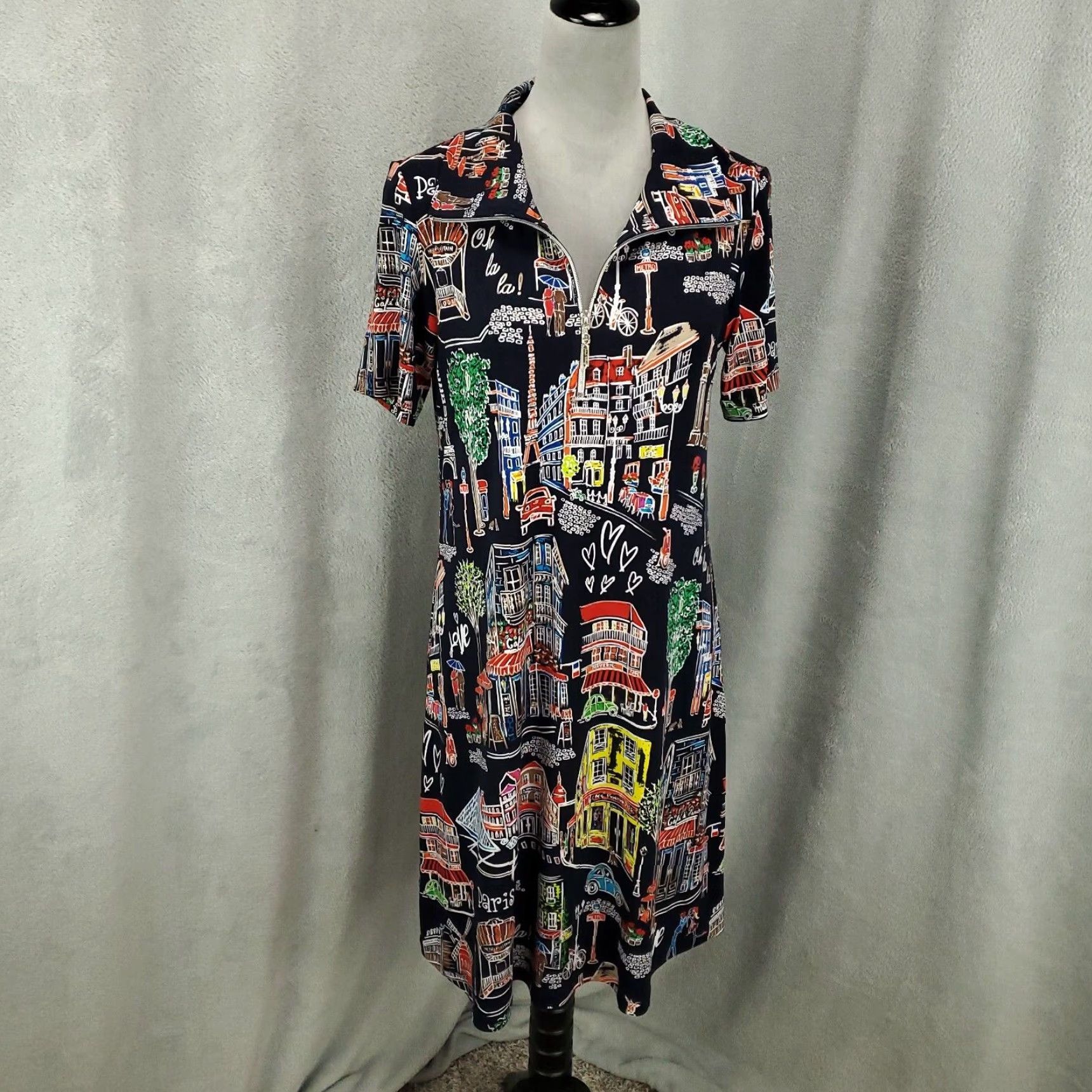 Joseph Ribkoff Joseph Ribkoff Dress Womens 6 A-Line Trapeze Shift Knee Length Multicolor Zip Paris Love Parisian Print Casual Party/Cocktail Travel Womens Size M / US 6-8 / IT 42-44 - 2 Thumbnail