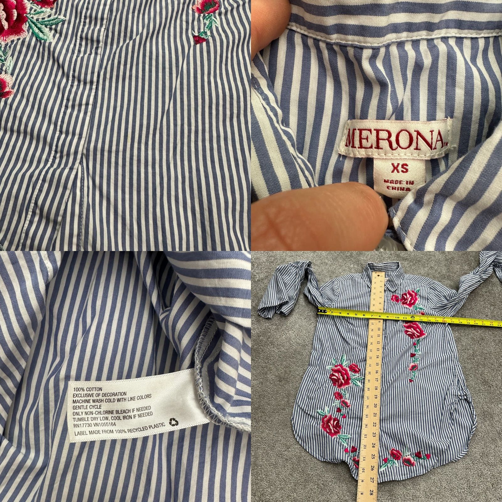 Merona Merona Shirt Womens XS Blue Striped Embroidered Bell Sleeve Button-Up Size XS / US 0-2 / IT 36-38 - 8 Thumbnail