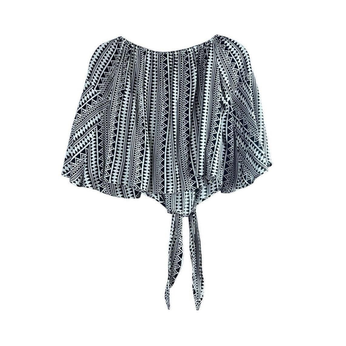 ELAN Elan Boho Tie Front Flutter Sleeve Crop Top Cream Black S Size S / US 4 / IT 40 - 4 Thumbnail