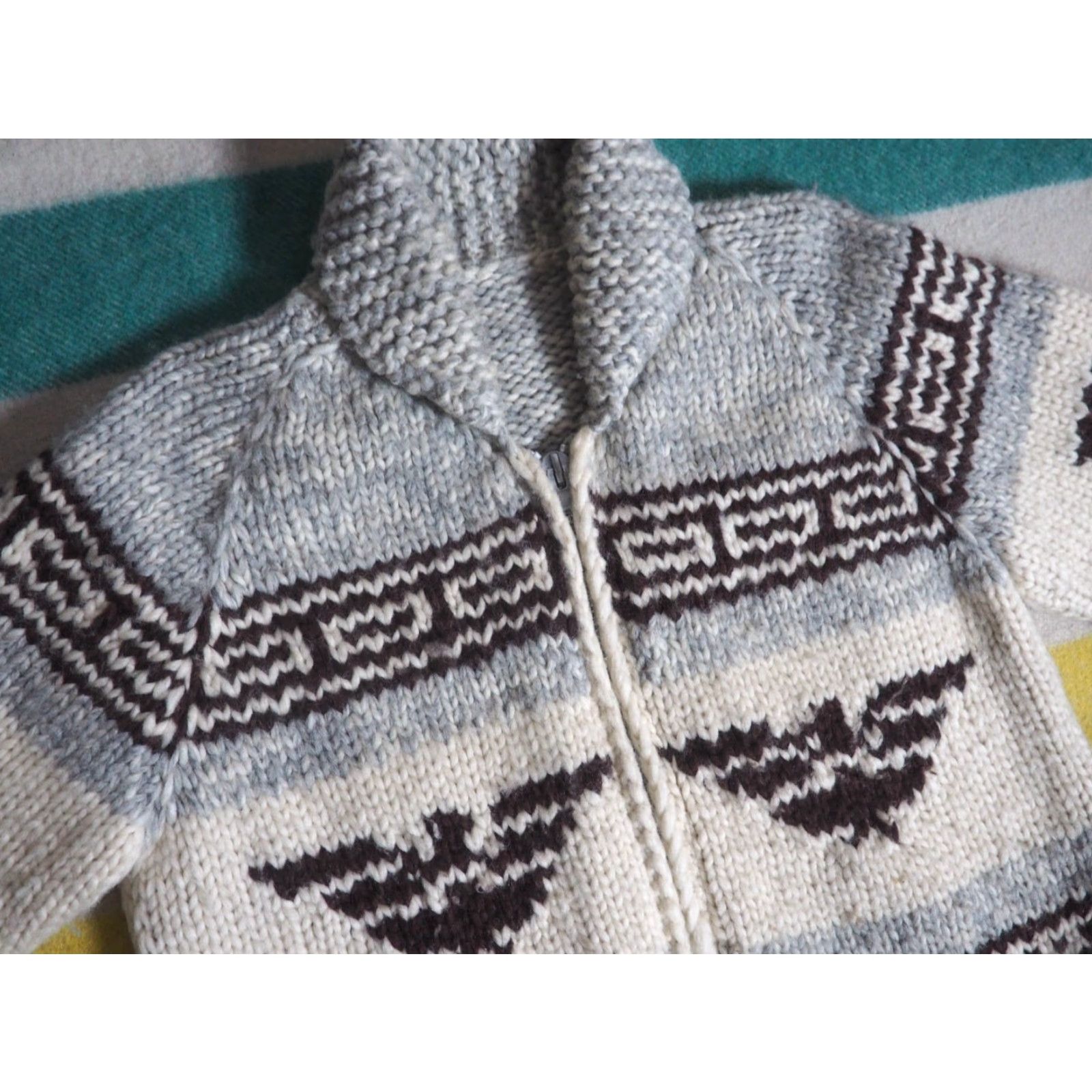 Vintage VTG Cream Gray Thunderbird Eagle Heavy Wool Zip Cowichan Sweater Mens M Size US M / EU 48-50 / 2 - 3 Thumbnail
