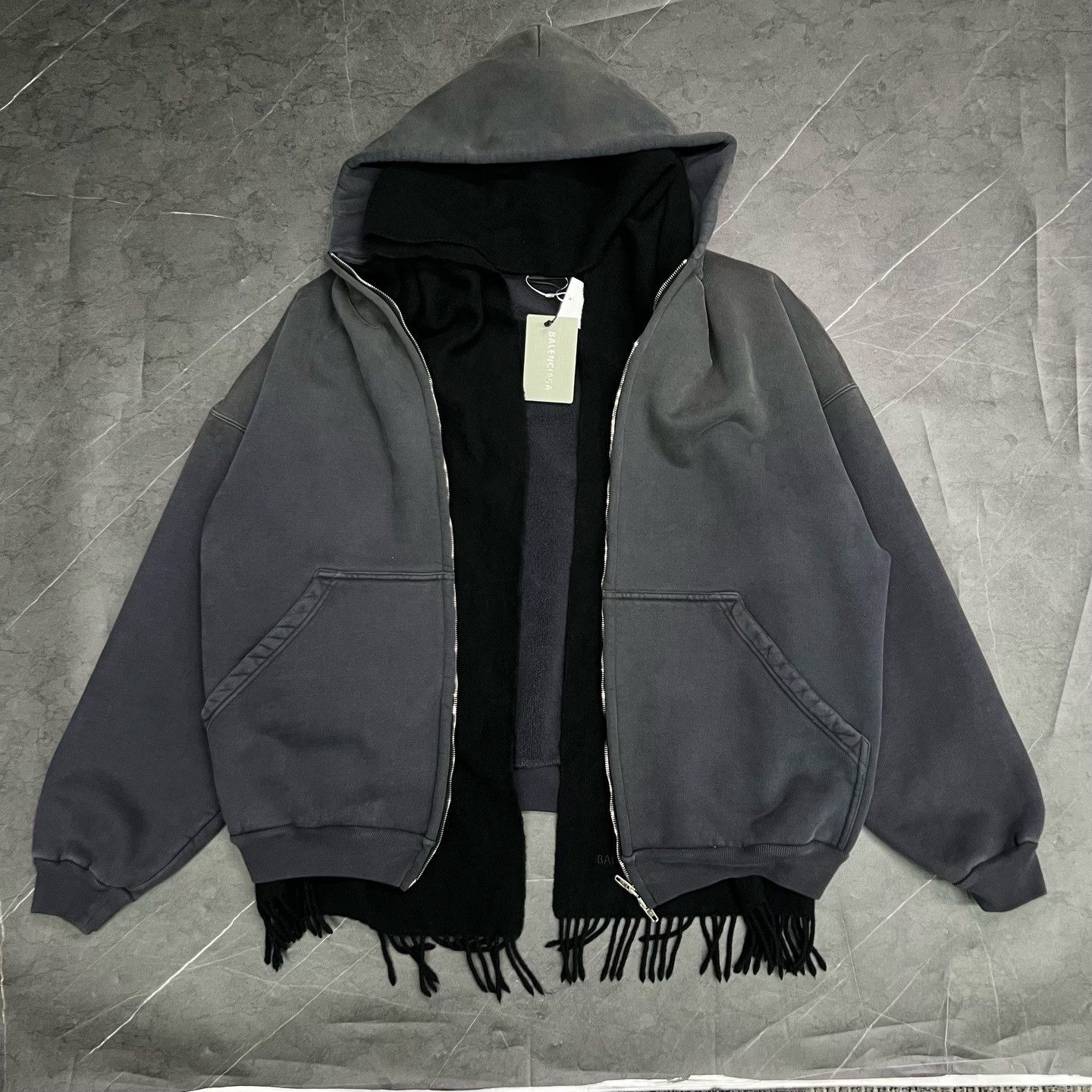 balenciaga distressed zip-up hoodie with scarf