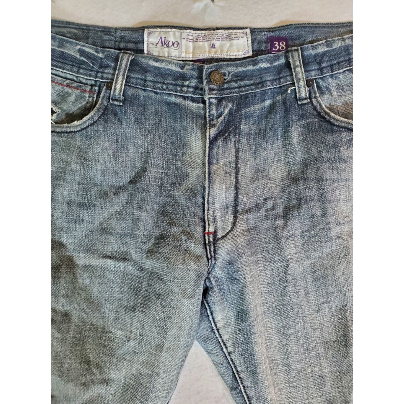 Vintage AKOO Signature Worn Jeans Mens Sz 38x32 Medium Wash Distressed Slim Fit 5-Pocket Denim Blue Size US 38 / EU 54 - 3 Thumbnail