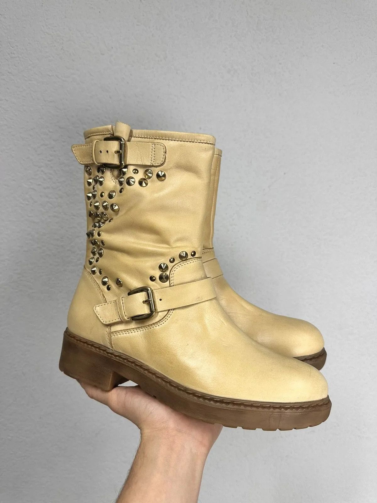 Genuine Leather Beige leather studded noto AS 98 rock boots Hedi Slimane Size US 9 / IT 39 - 1 Thumbnail