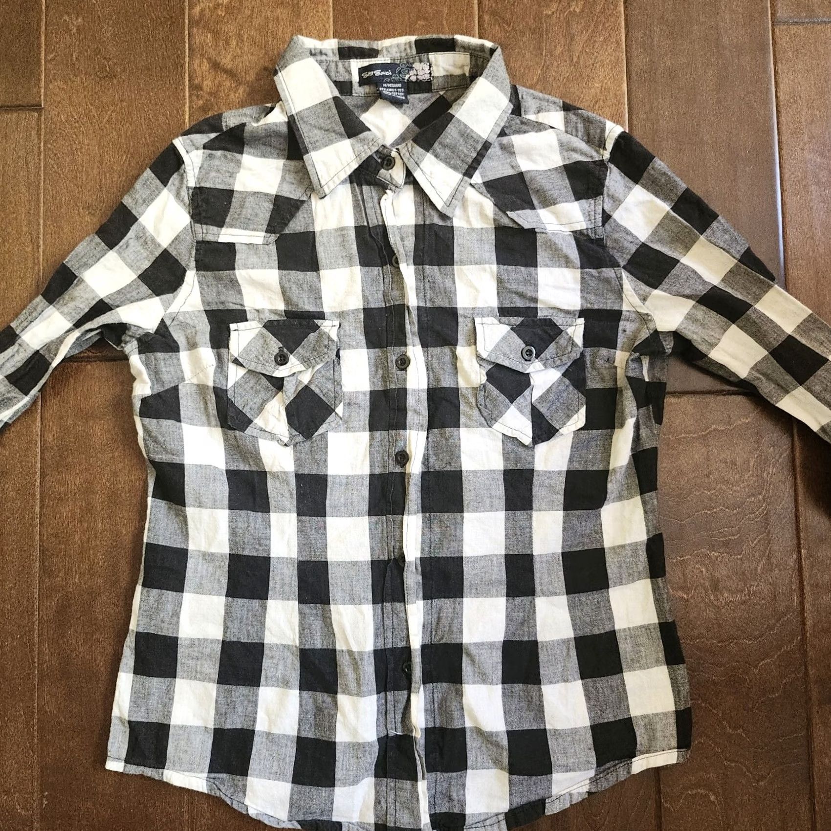 Vintage VINTAGE Sans Souchi Women's Junior Checkered Black White Plaid Button Up - Size M Size M / US 6-8 / IT 42-44 - 4 Thumbnail