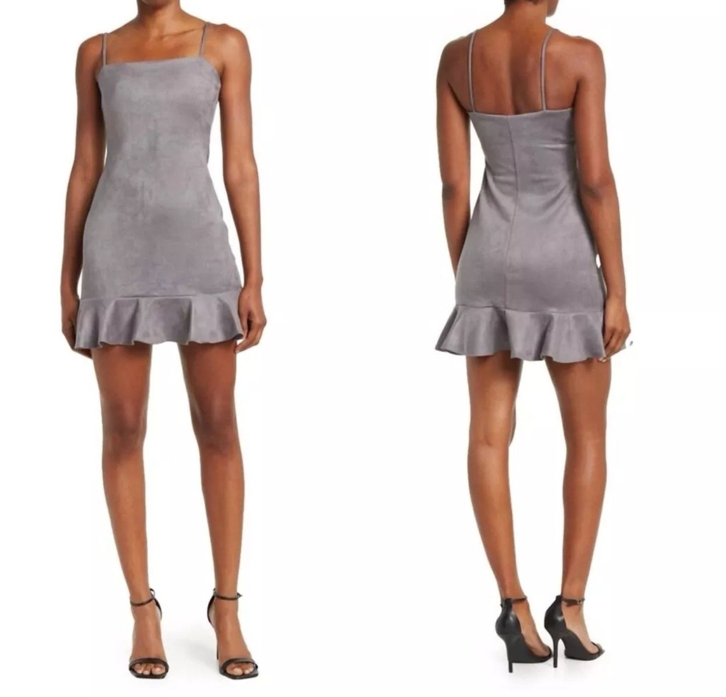 Susana Monaco Susana Monaco String Silver Faux Suede Ruffled Mini Dress Size XL / US 12-14 / IT 48-50 - 1 Thumbnail