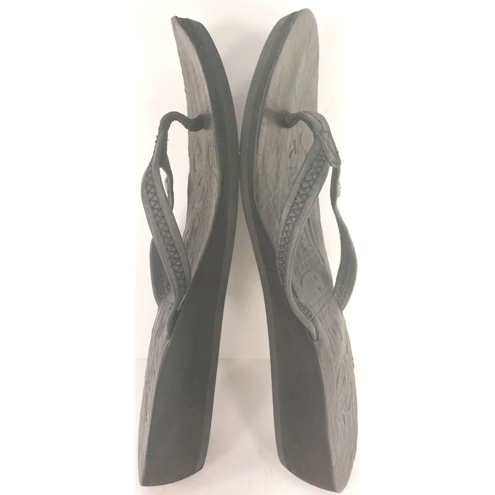 Doublet Mad Love Double Down Thong Wedge Sandals Women's 9M Black Leather Footbed Leather Trimwork Slip On Low Heel Casual Comfort & Style Sandal Size US 9 / IT 39 - 7 Thumbnail