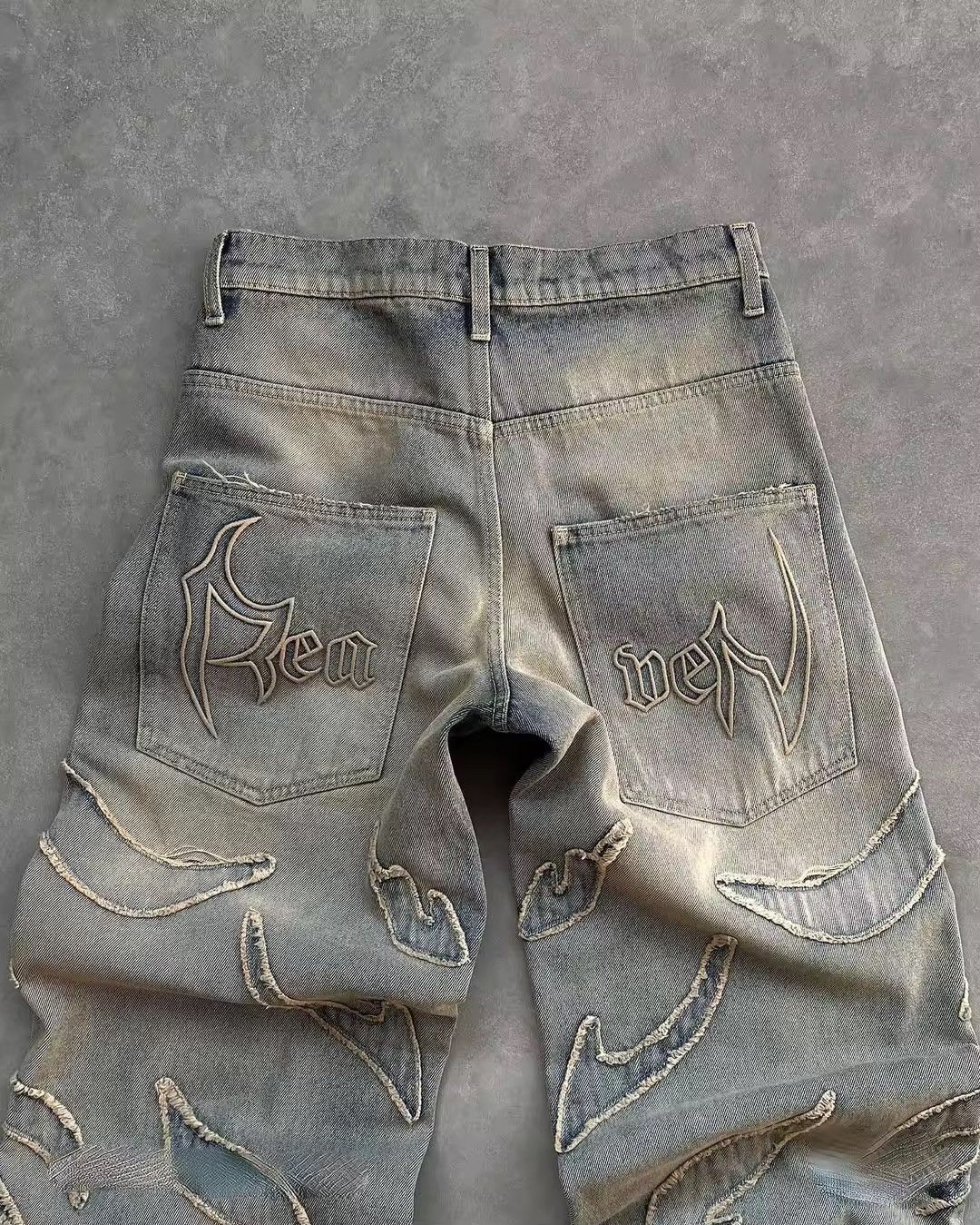 Jean × Vintage Harajuku Embroidered Flame Split Jeans Size US 27 - 4 Thumbnail
