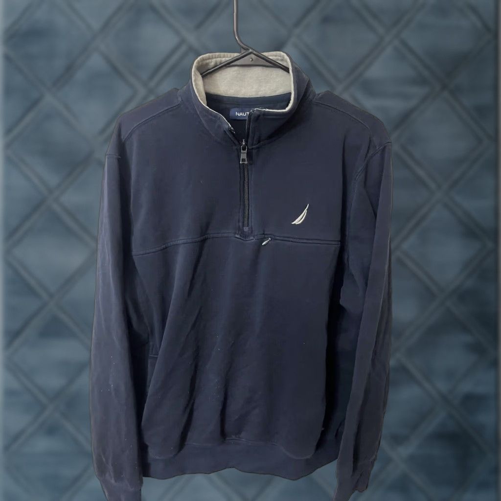 Nautica Nautica Pullover Sweater Men L 1/4 Zip Navy Blue Solid - Golf | Knit Fleece - Breathable Pullover Cardigan Style (Regular) Size US L / EU 52-54 / 3 - 1 Thumbnail
