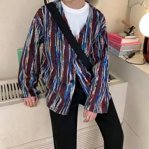 Other Burgundy Blue Raw Stripped Pattern Knit Cardigan Sweater Size US M / EU 48-50 / 2 - 5 Thumbnail