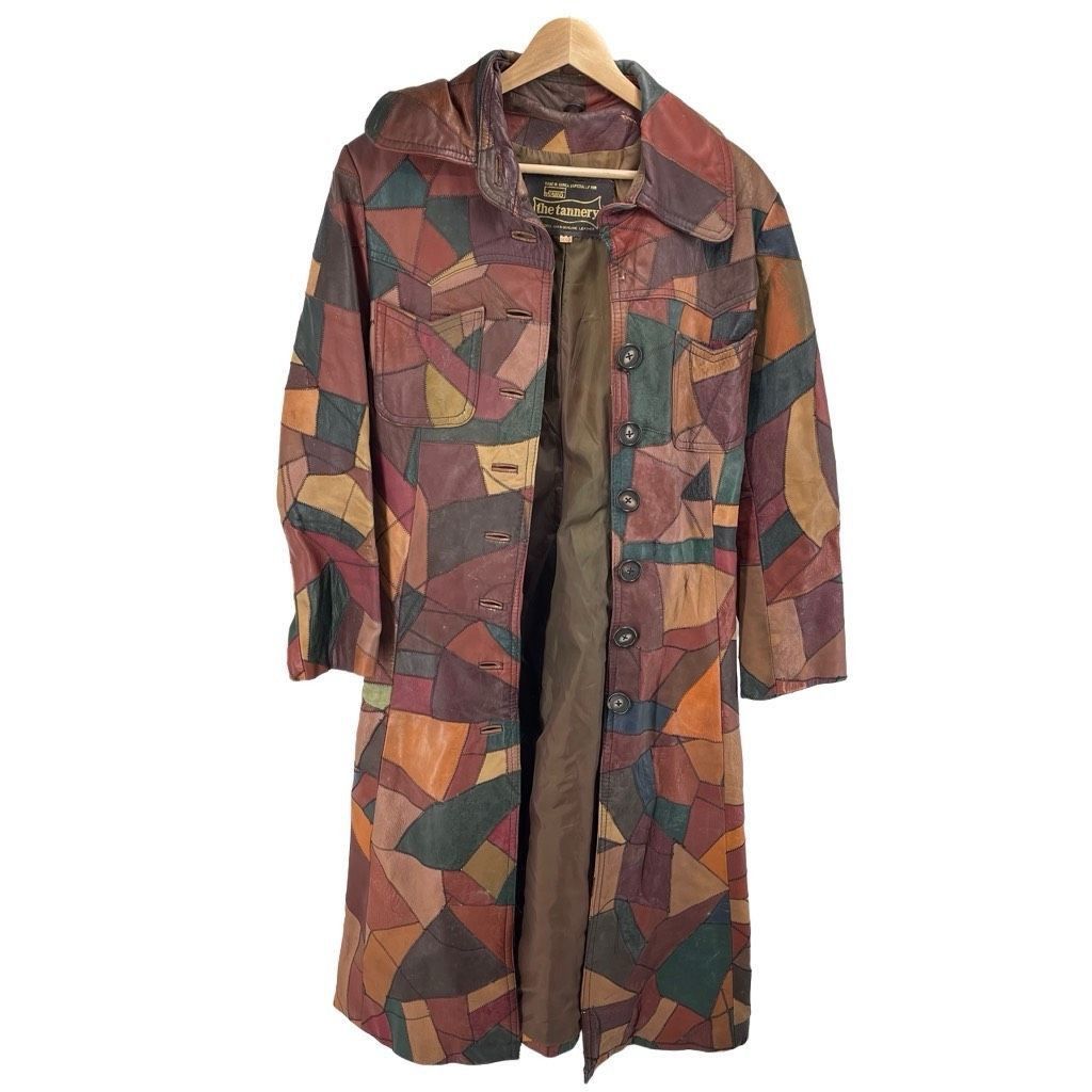 The Tannery Womens Trench Coat Jacket Leather Patchwork Multi-Color Size 11/12 vintage