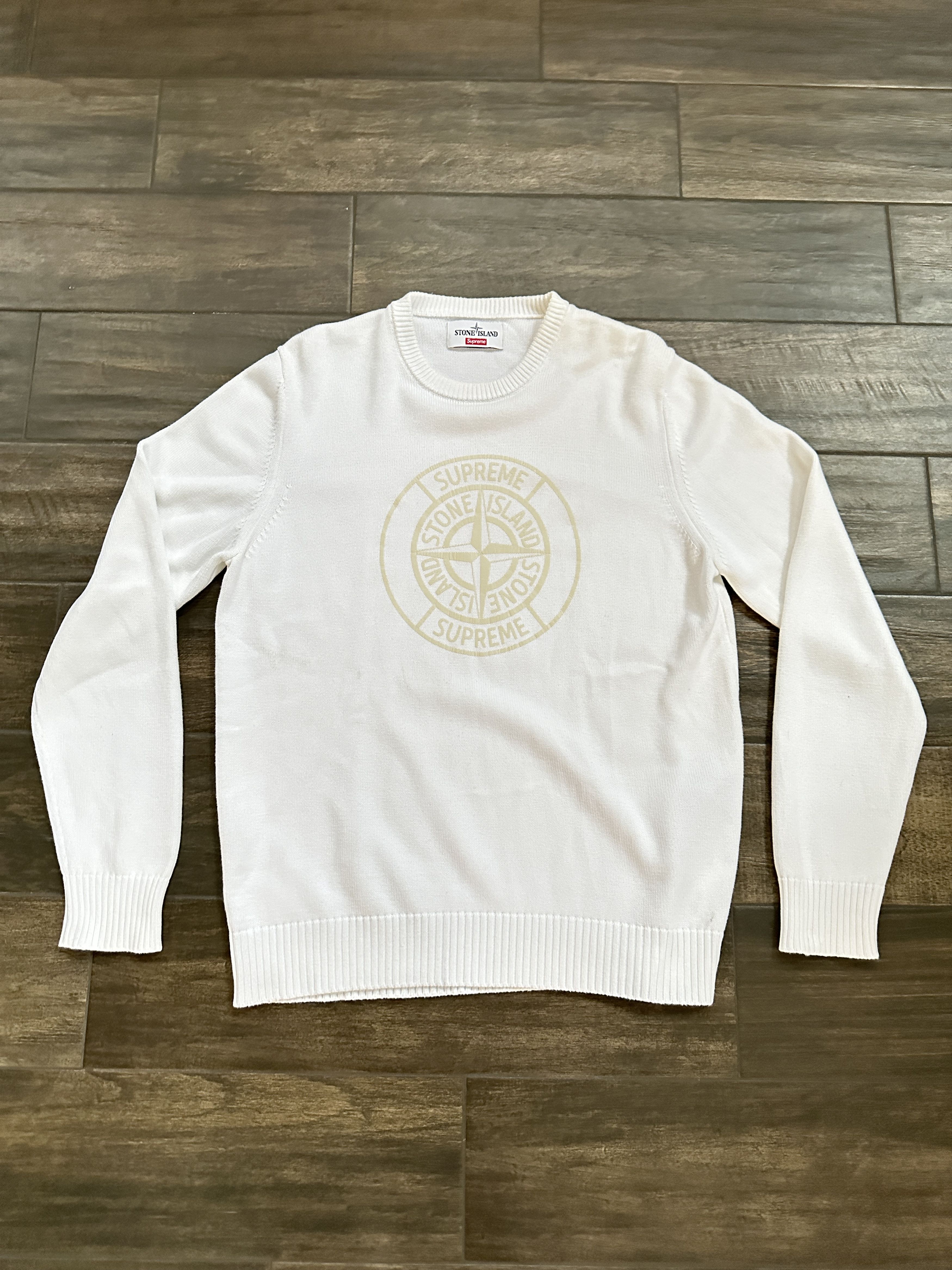 Pre-owned Stone Island X Supreme Stone Island Reflective Logo Knit Sweater White