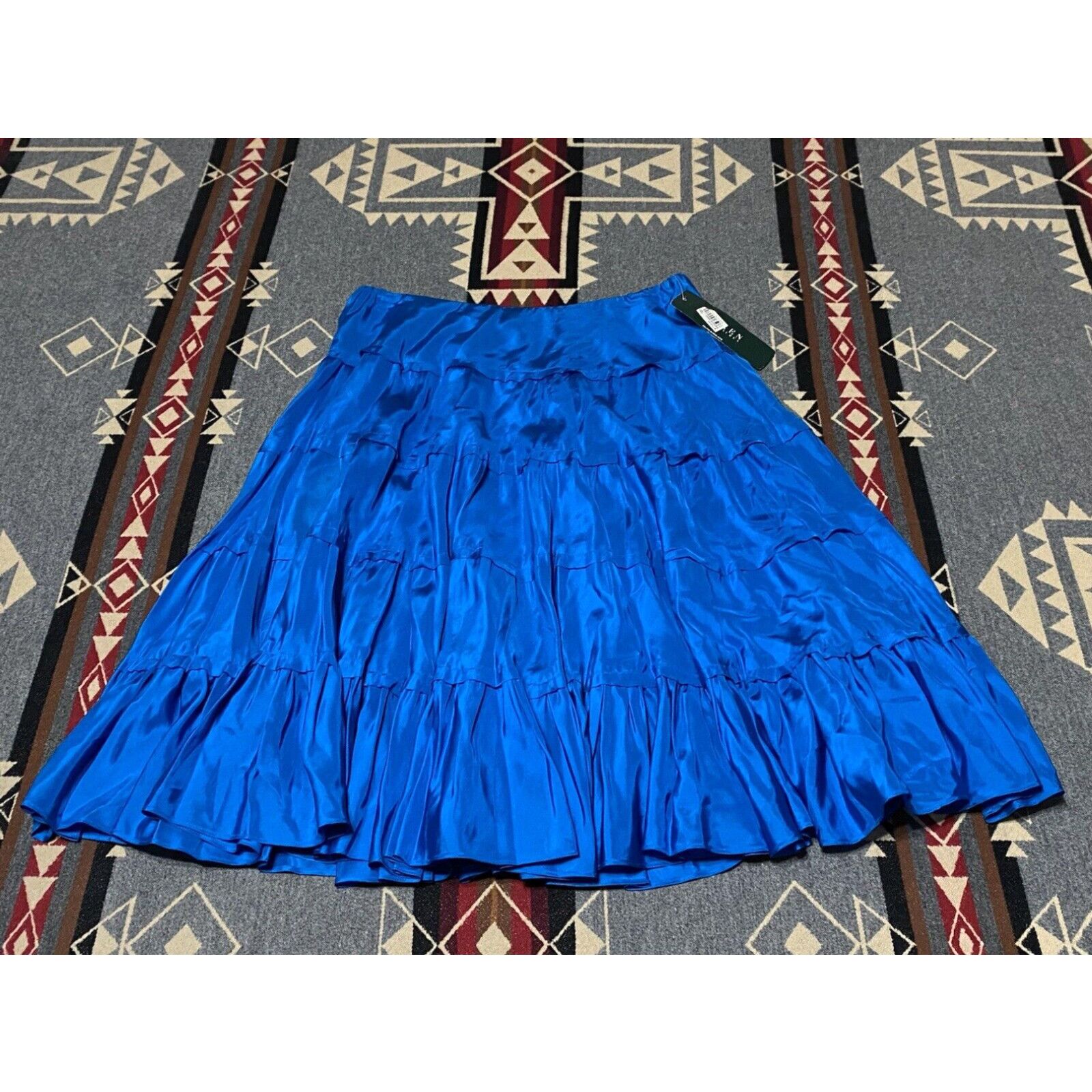 image of Ralph Laurent Lrl Amalfi Blue 100% Silk Midi Flounce Dance Size Xs NWT $139 T41 in White, Women's