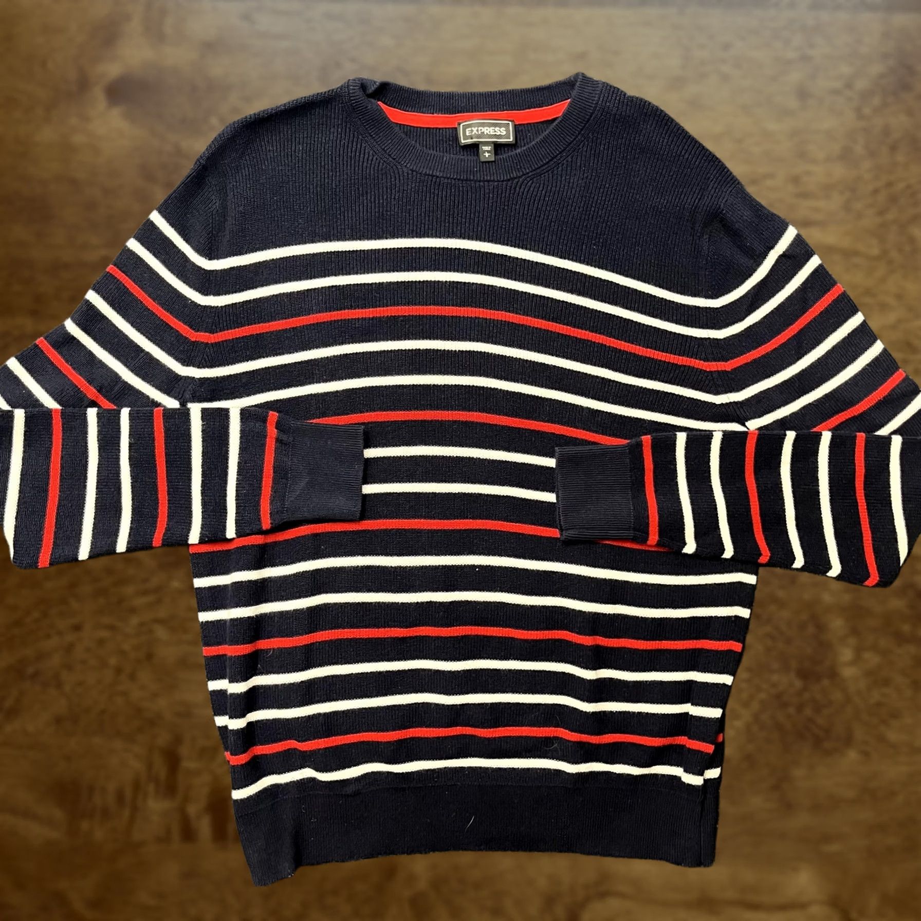 Express Express Sweater Mens Large Blue Striped 100% Cotton Crewneck Knit Pullover Size US L / EU 52-54 / 3 - 1 Thumbnail