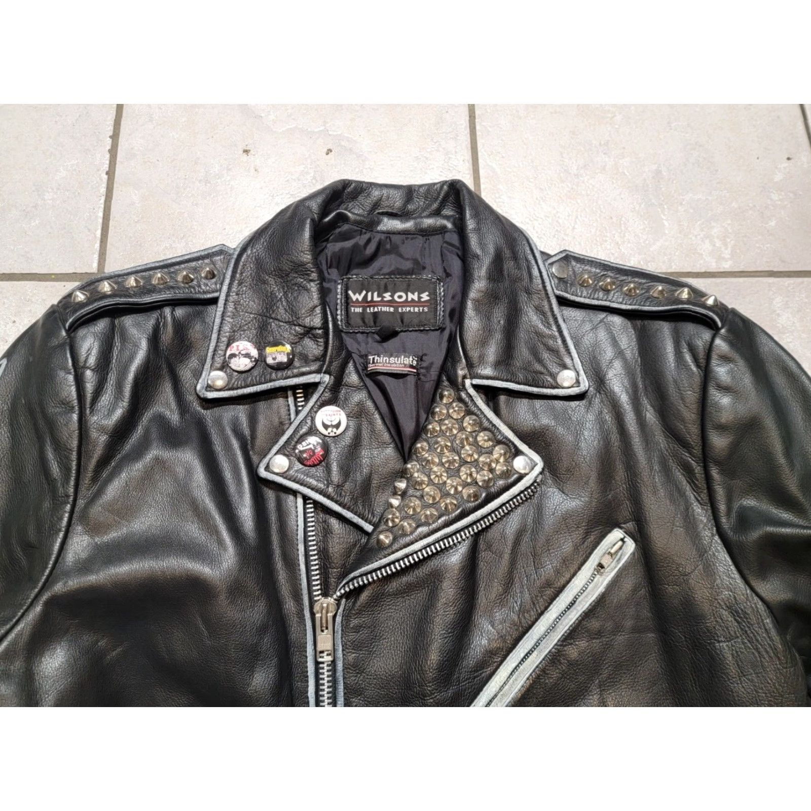 Wilson VINTAGE WILSON PUNK METAL TRASH PAINT MOTORCYCLE LEATHER JACKET XLARGE Jacket Mens Leather Black 90s Size US XL / EU 56 / 4 - 3 Thumbnail