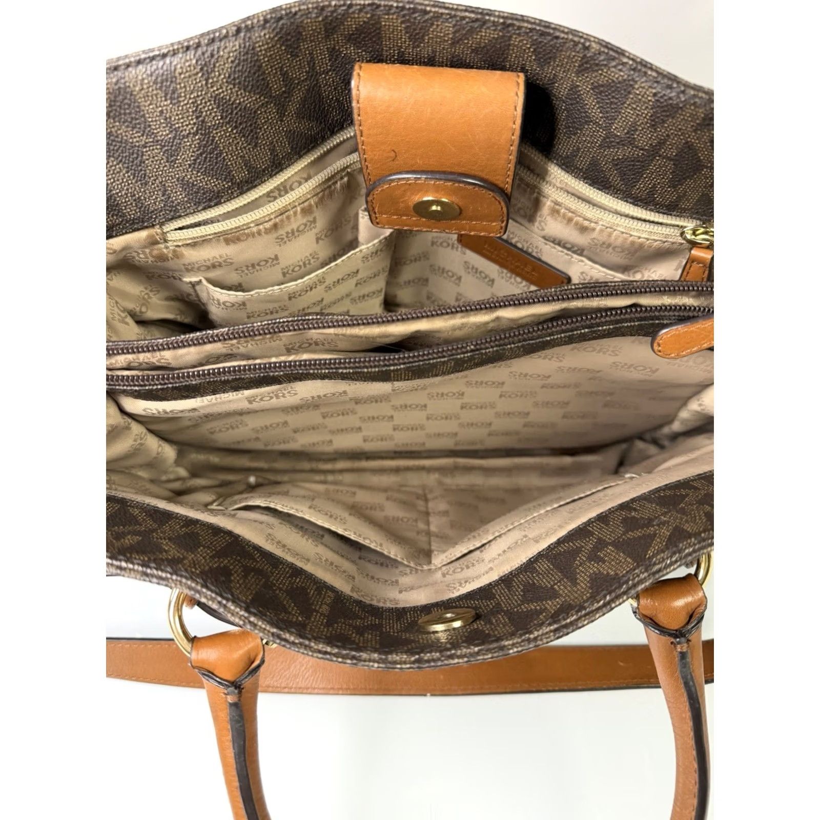 Michael Kors Michael Kors Hamilton East West Brown Leather Purse Handbag Tote MK Logo Print Woman Tote Brown Logo MK Hamilton East West Leather Purse Women Size ONE SIZE - 7 Thumbnail