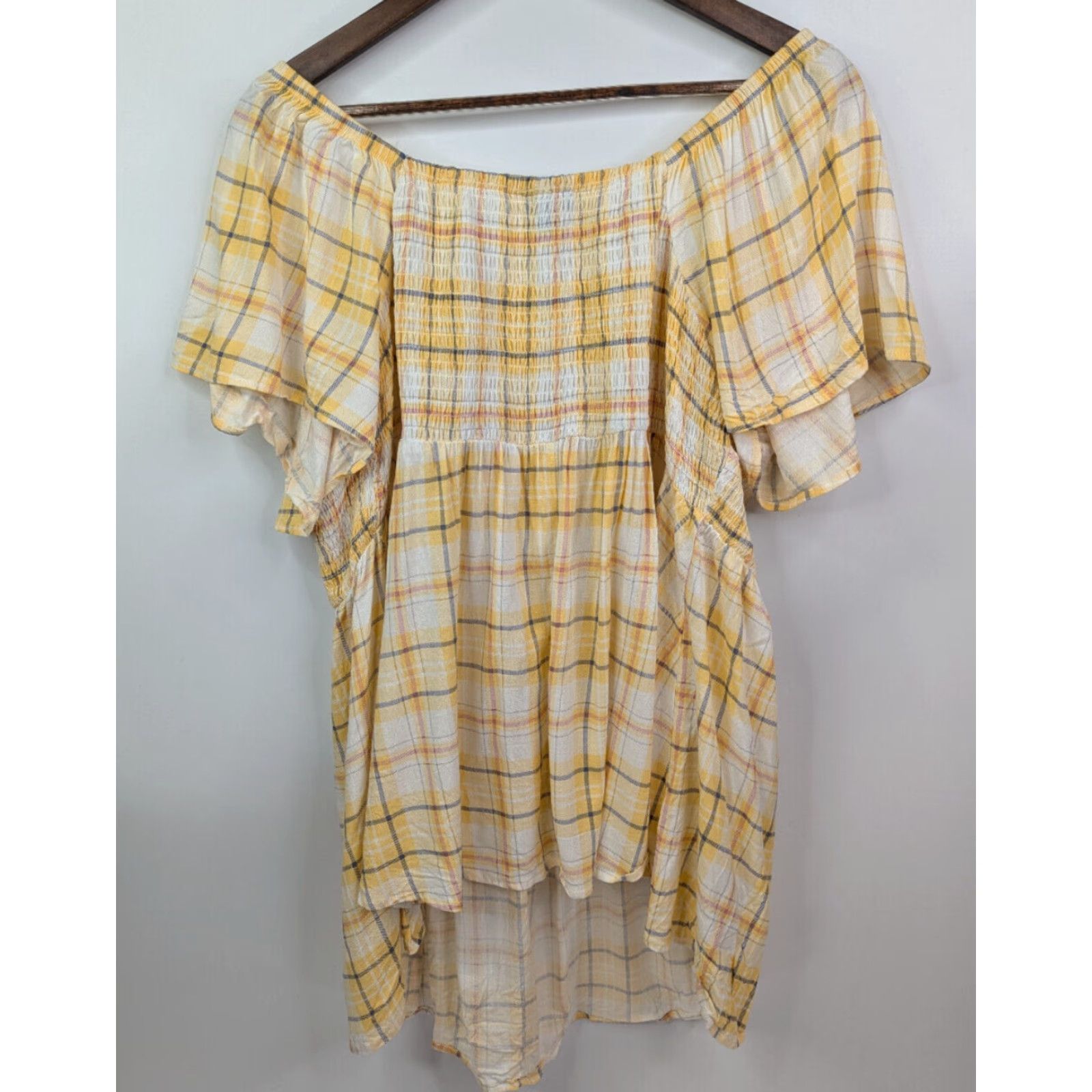 Torrid Torrid Blouse Shirt Plaid 2X Yellow Flutter Sleeve Bodice Smocked Slub Top Women Plus Size Size XXL / US 16-18 / IT 52-54 - 2 Thumbnail