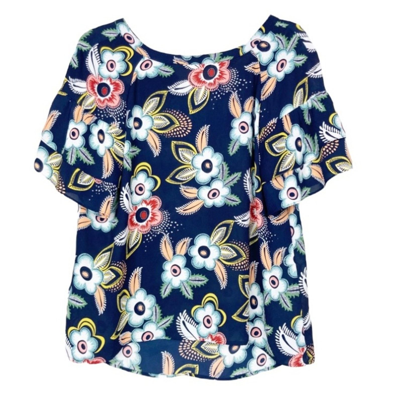 Loft Loft Navy Blue Floral Short Sleeve Blouse Sz S Size S / US 4 / IT 40 - 7 Thumbnail