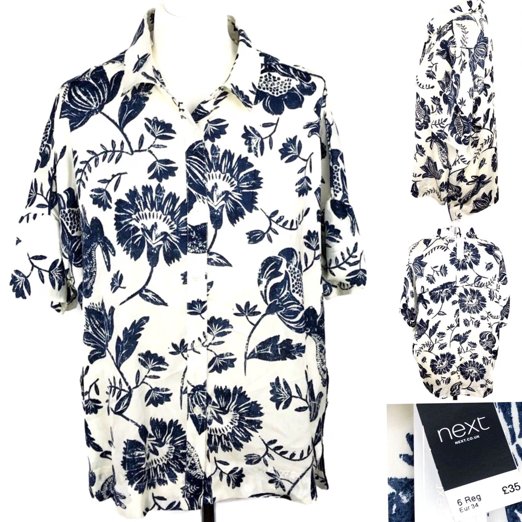 NEXT NEXT Collection Luxe Oversized Shirt Blouse - Floral Rabbits - Cream & Blue - Short Sleeve - UK 6 - Womens Size M / US 6-8 / IT 42-44 - 2 Thumbnail