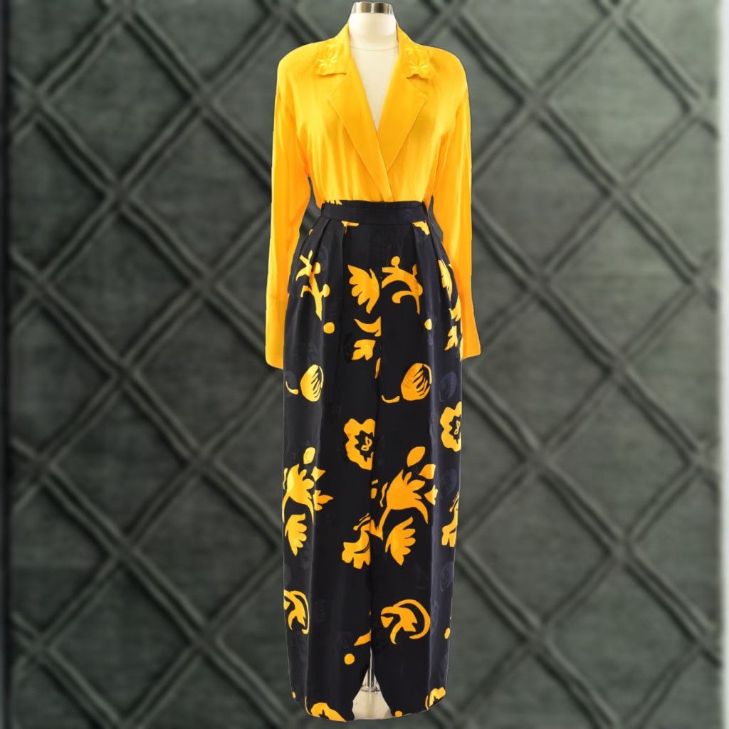 VINTAGE 1980s Silk Floral Pant Suit Set Marigold Yellow Womens 10 Regular