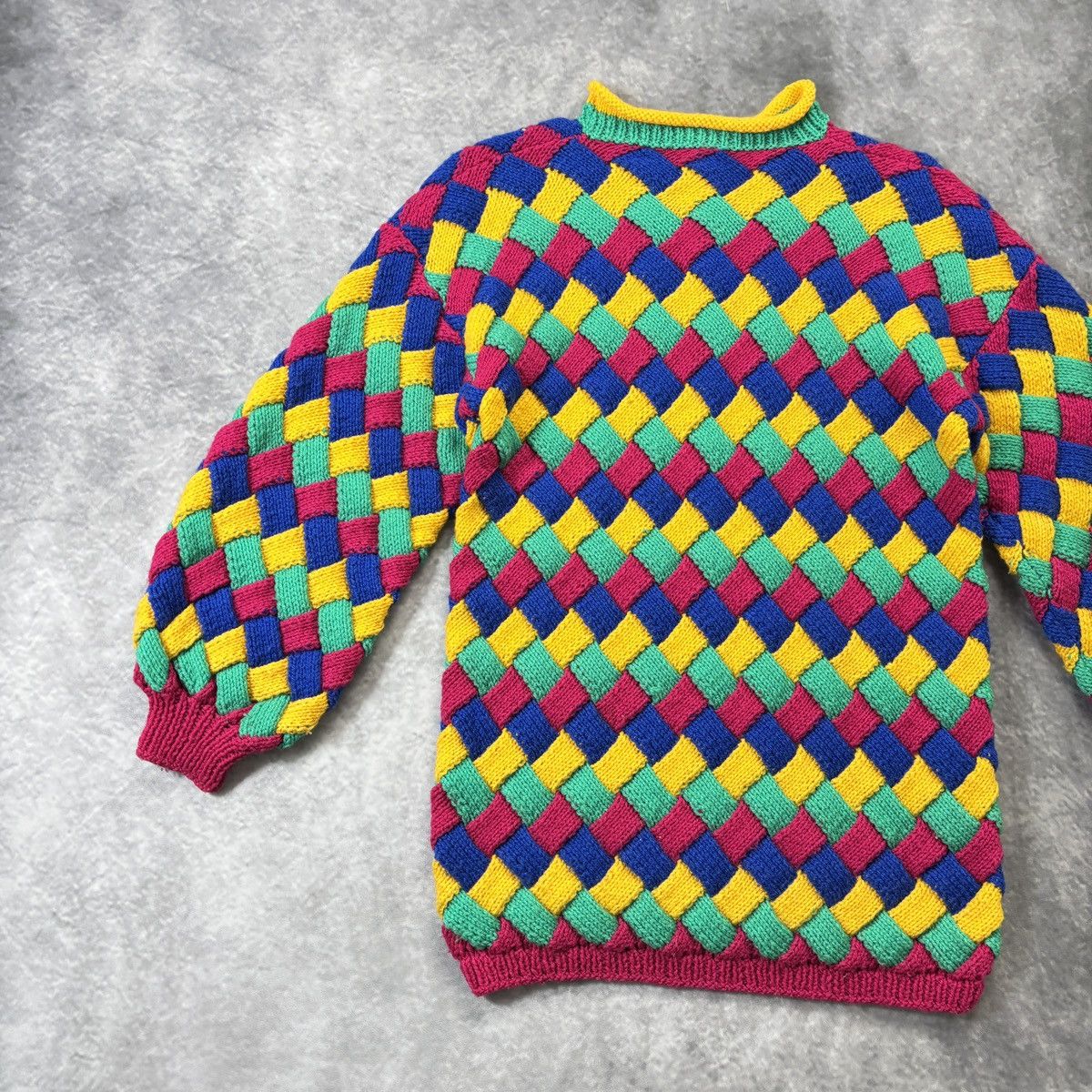Vintage 1980s Hand Knit Sweater Vintage Patchwork Rainbow Crochet Size US XS / EU 42 / 0 - 7 Thumbnail