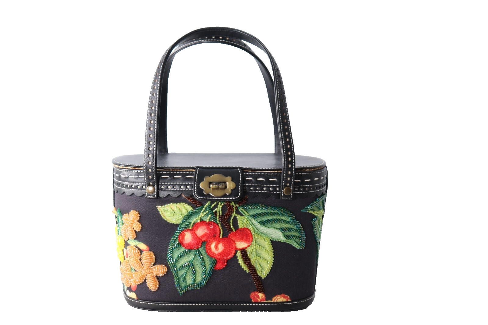 Isabella Fiore Black Cherry Flower Beaded Basket Handbag Bag