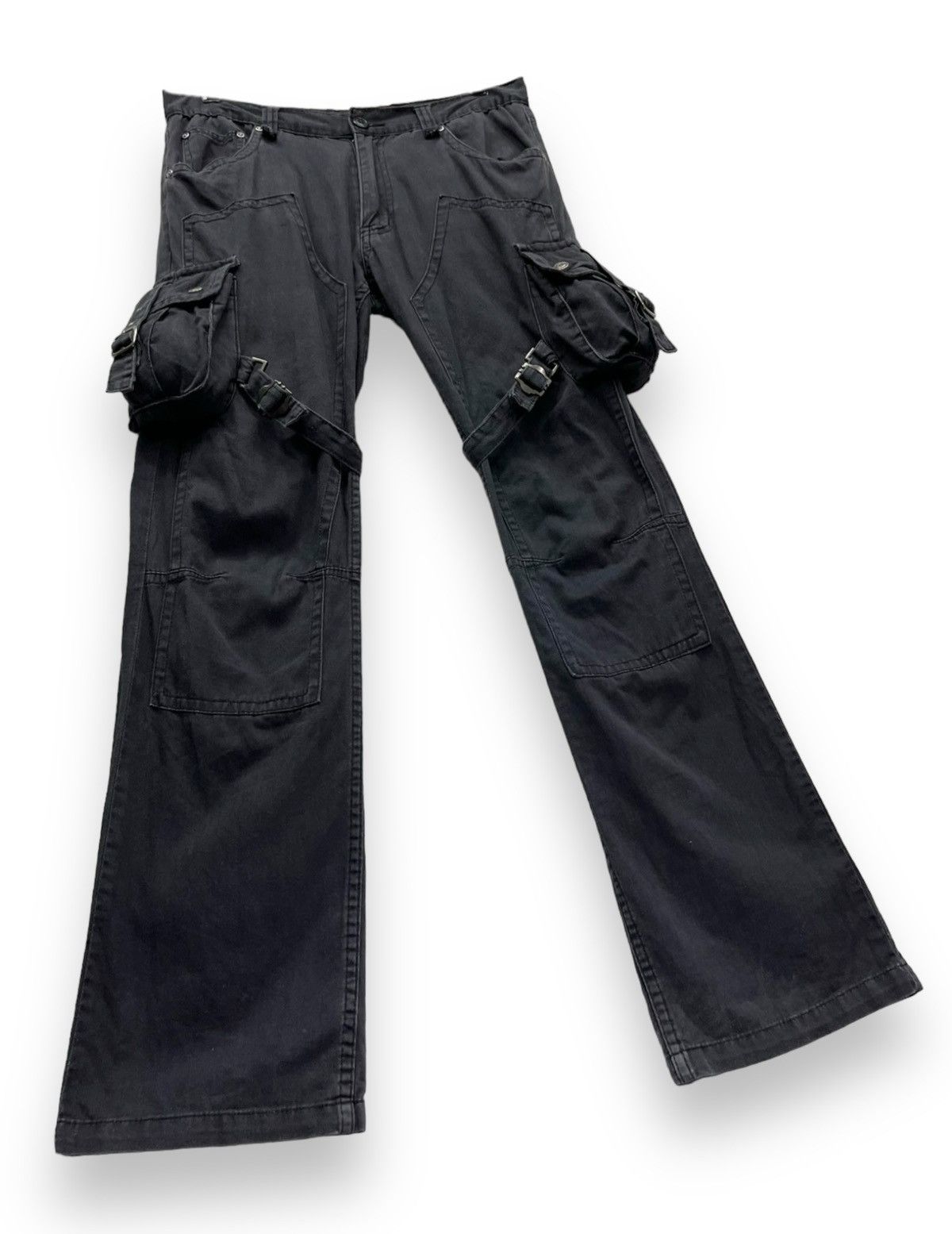 Seditionaries 🔥BIKE STAR Punk Bondage Cargo Double Knee Faded Black Flare Size US 32 / EU 48 - 5 Thumbnail