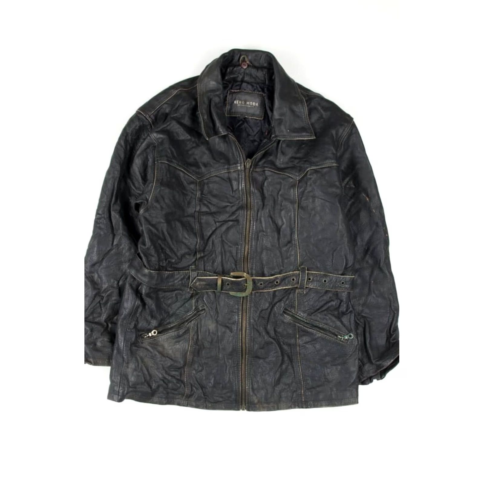 Vintage VINTAGE Vera Moda Black Motorcycle Jacket Medium Biker Belted Zipper Mens Size US M / EU 48-50 / 2 - 2 Thumbnail