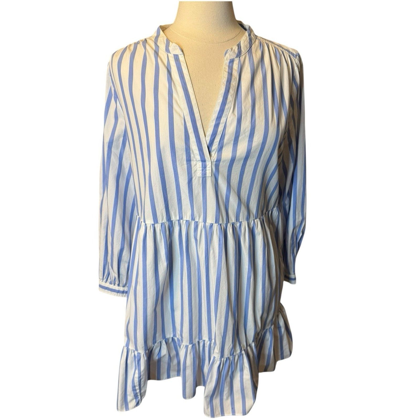 J.Crew J. CREW Tiered Cotton Poplin Mini Dress Barrie Stripe Blue Size L / US 10 / IT 46 - 1 Thumbnail