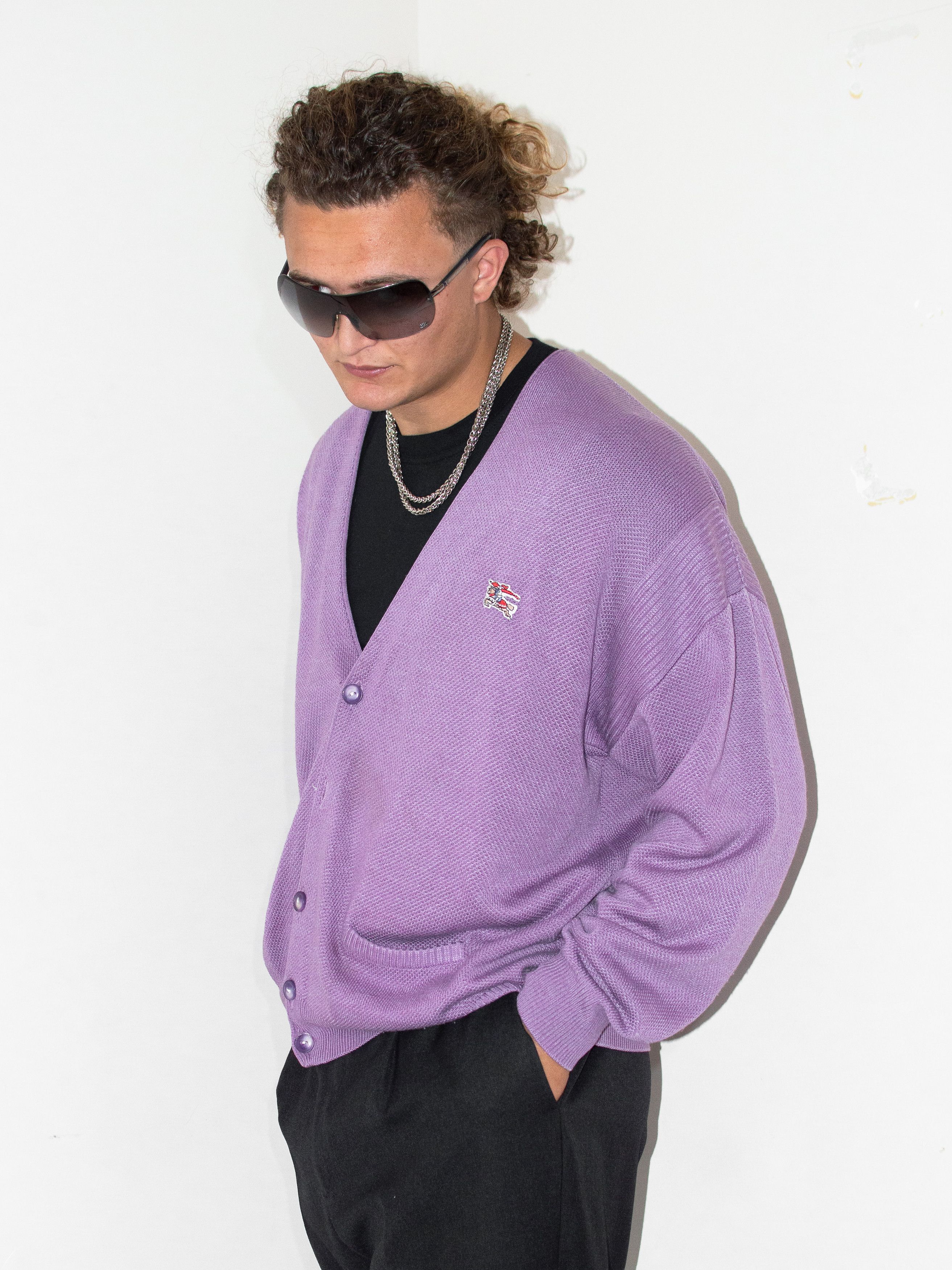 Burberry × Vintage Vintage 90s Burberry Purple/Lilac Faded Button Down Cardigan Size US XXL / EU 58 / 5 - 1 Thumbnail
