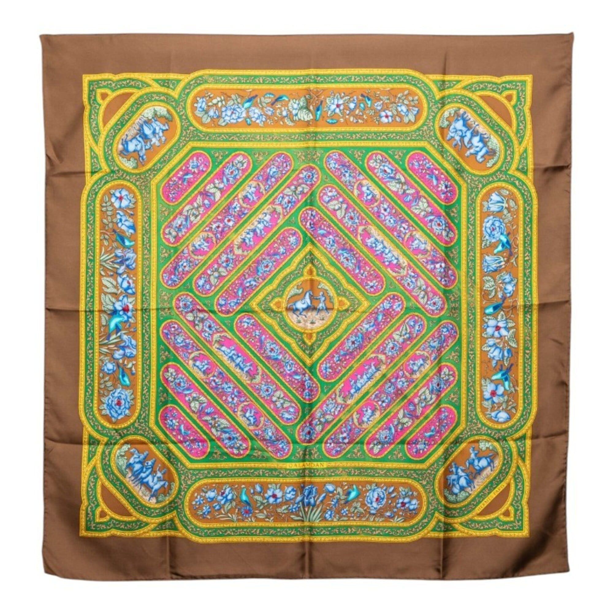 Hermes Hermes Carre 90 QALAMDAN Scarf/Muffler, Brown Multicolor Silk, Women's Size ONE SIZE - 1 Thumbnail