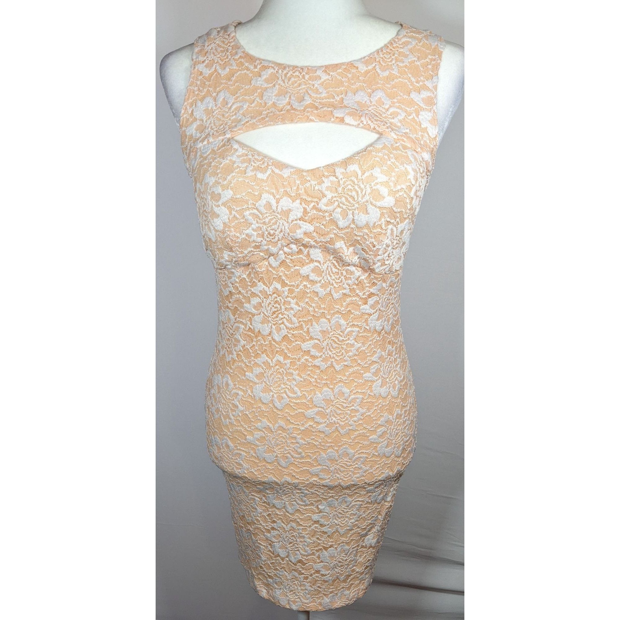 Other Alt. B Peach And White Floral Keyhole Open Back Bodycon Dres Size L / US 10 / IT 46 - 5 Thumbnail