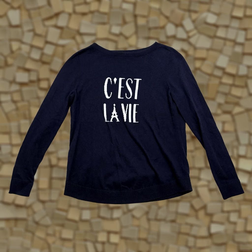 Talbots TALBOTS C'est La Vie Graphic Sweater Navy Blue Petite PS Pullover Cap Sleeve Long Sleeve Knit Size S / US 4 / IT 40 - 1 Thumbnail