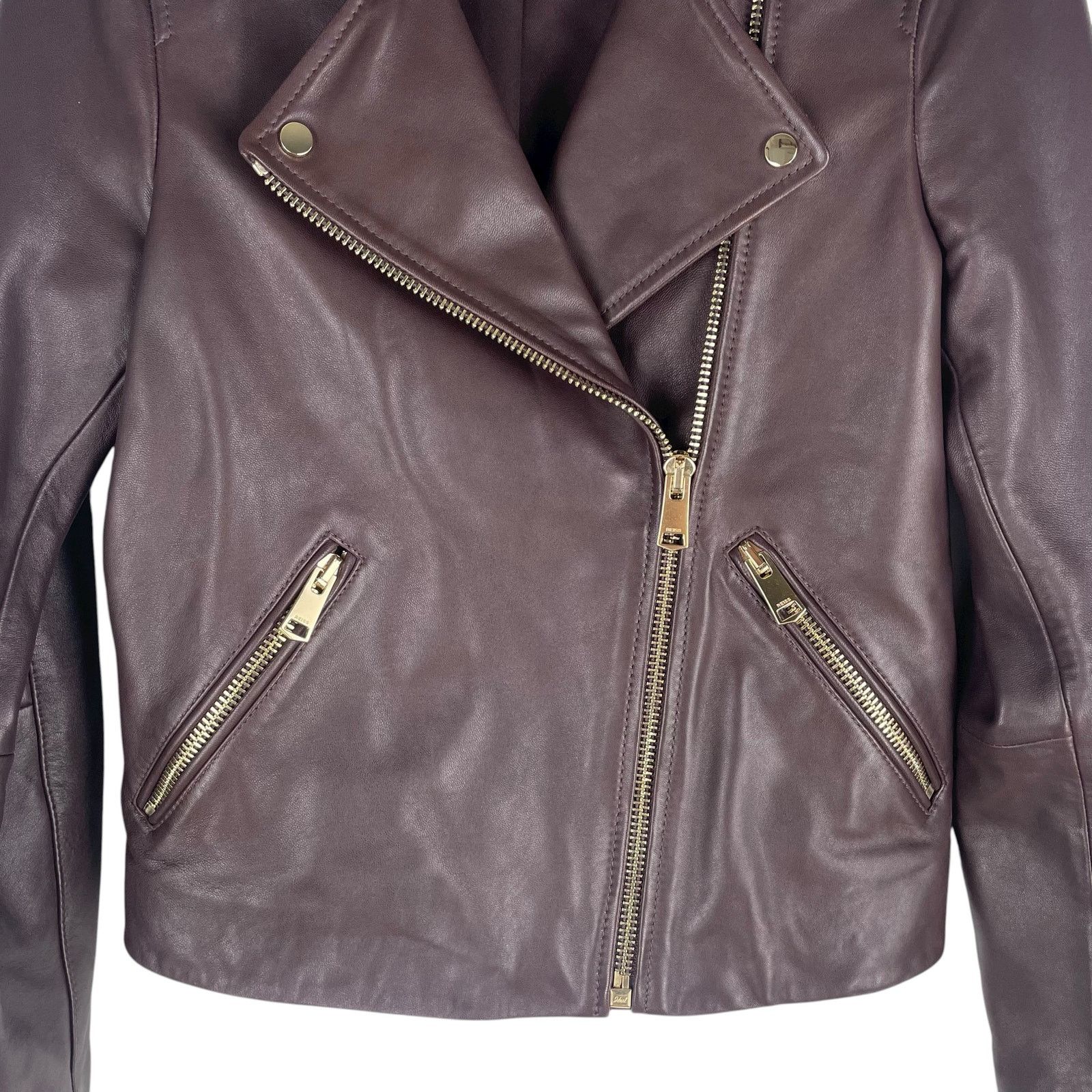 Reiss Leiya Lamb Leather Moto Jacket In Berry Red Size 4