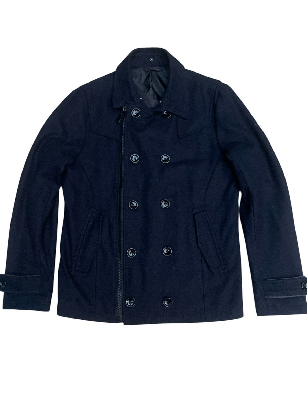 semanticdesign Semantic Design Navy Wool Blend Asymmetric Zip Pea Coat Size US S / EU 44-46 / 1 - 2 Thumbnail