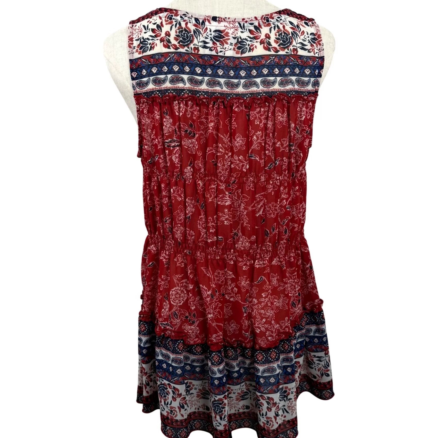 Vintage Knox Rose Womens S Blouse Sleeveless Red Floral Paisley Chiffon V-Neck Lace Up Tassel Boho Peplum Top Size S / US 4 / IT 40 - 3 Thumbnail