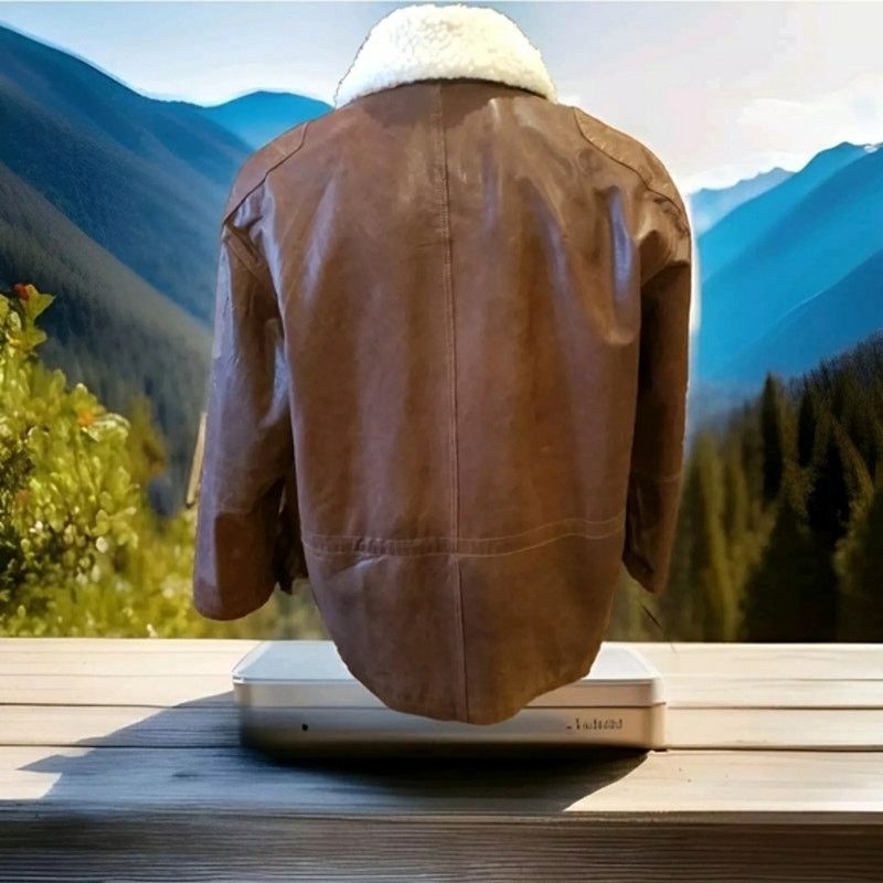 Other Furry Men Leather Removable Sheepskin Collar Jacket Brown Size US S / EU 44-46 / 1 - 2 Thumbnail