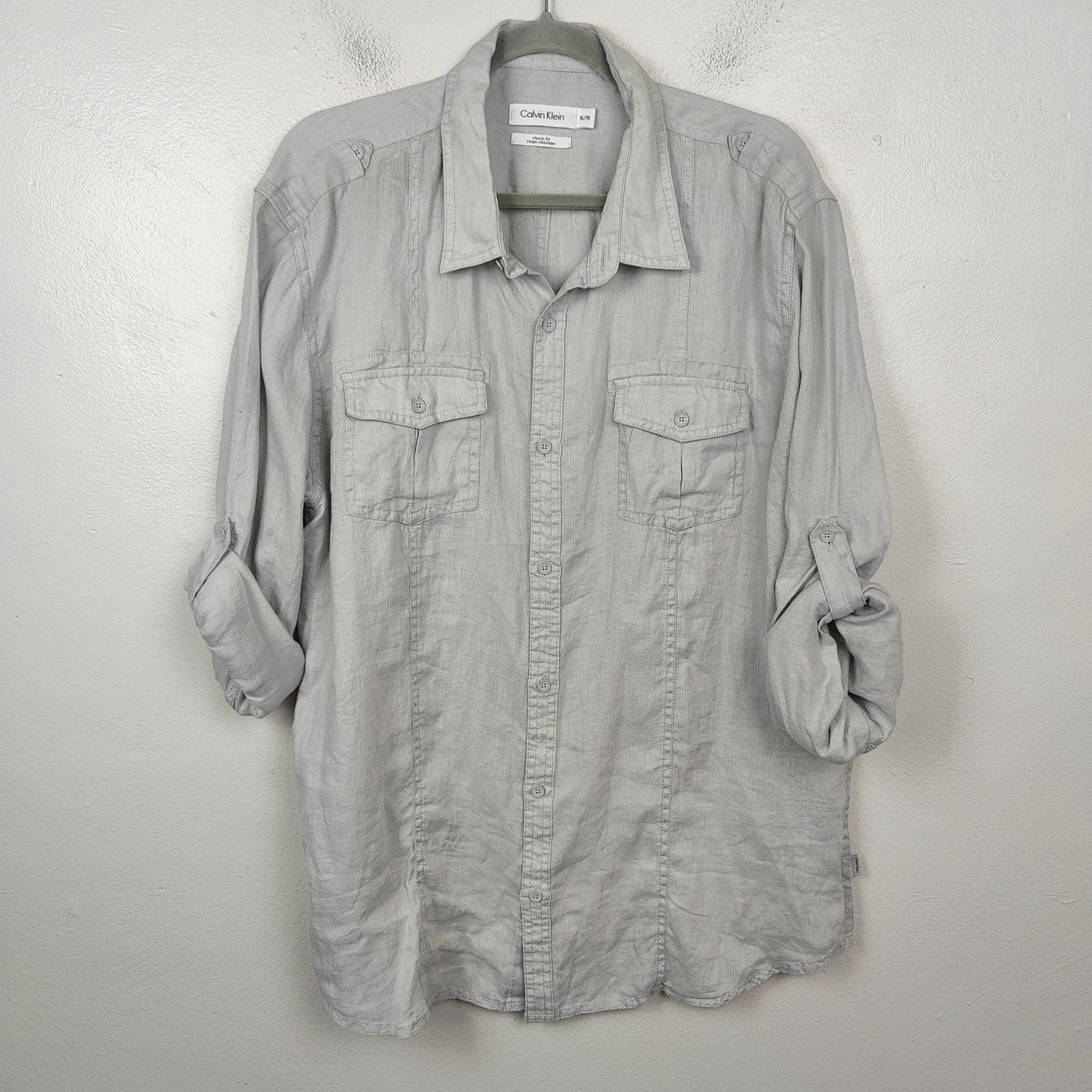 Calvin Klein Calvin Klein Linen Button Up Shirt Mens XL Gray Roll Tab Size US XL / EU 56 / 4 - 1 Thumbnail