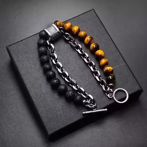 Japanese Brand Black Matte + Brown Tiger Eye Bead + Chain Bracelet Size ONE SIZE - 2 Thumbnail