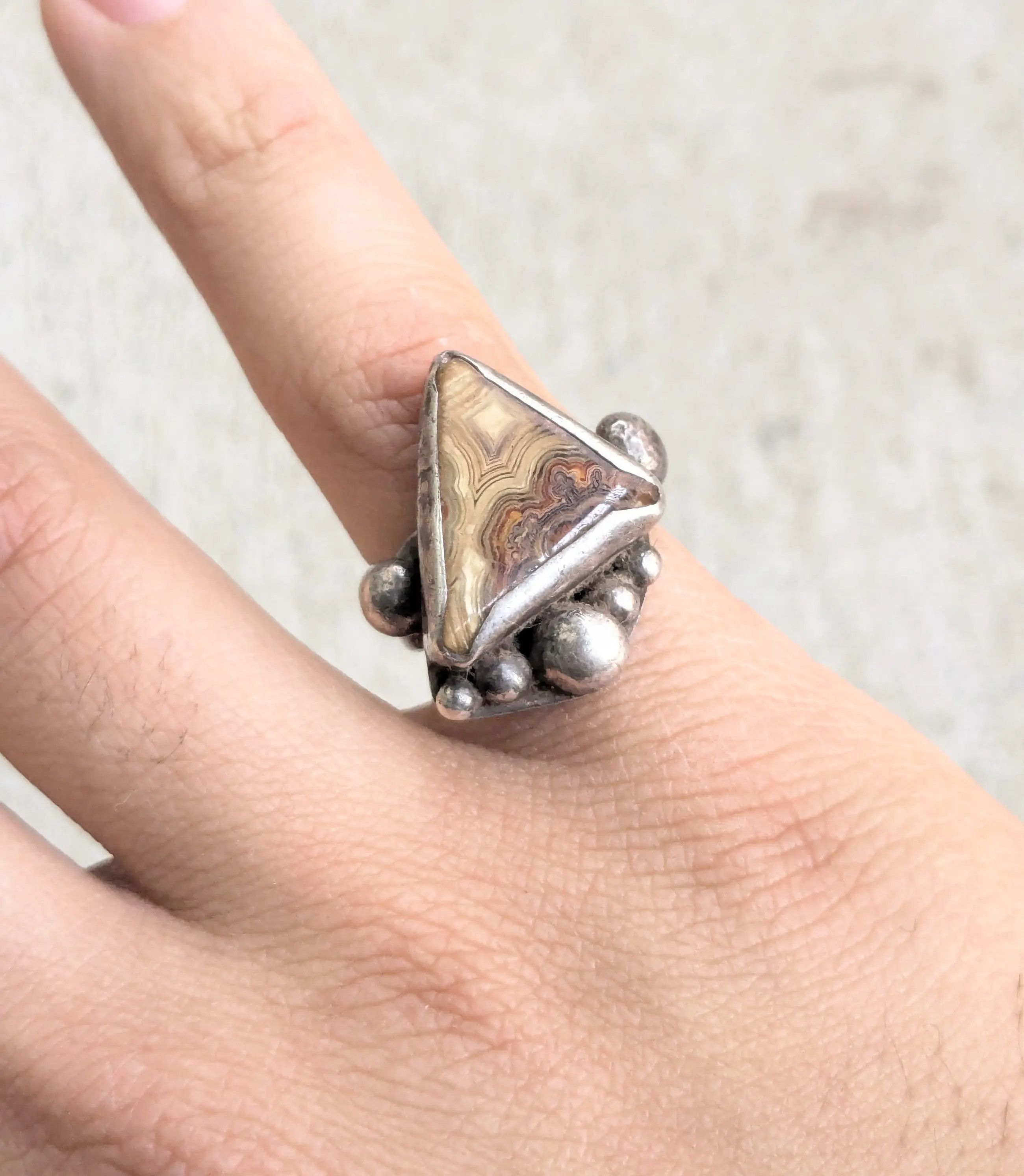 Sterling Silver Vintage Sterling Silver Ring Brown Agate Triangle Modern Size ONE SIZE - 9 Thumbnail